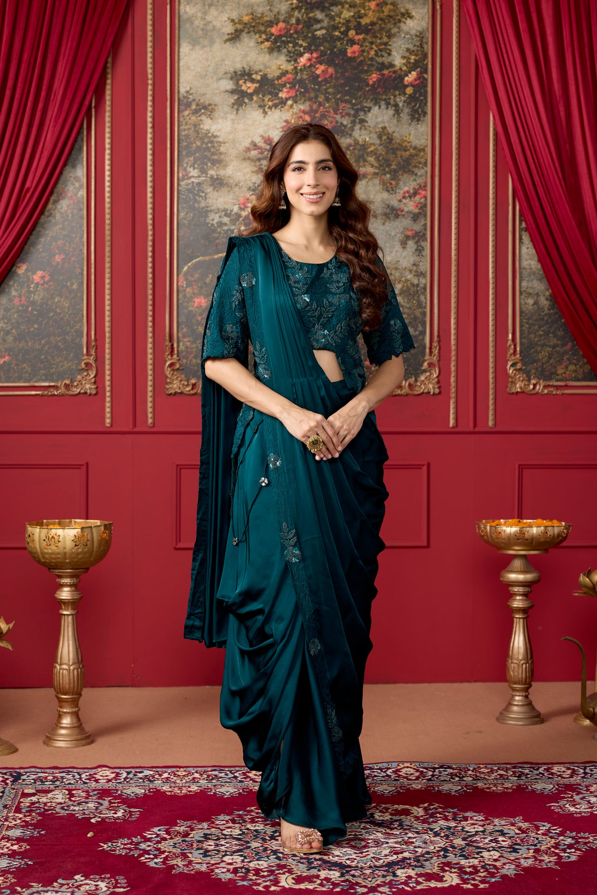 Teal Embellished Crepe Satin Silk Pre-Draped Saree