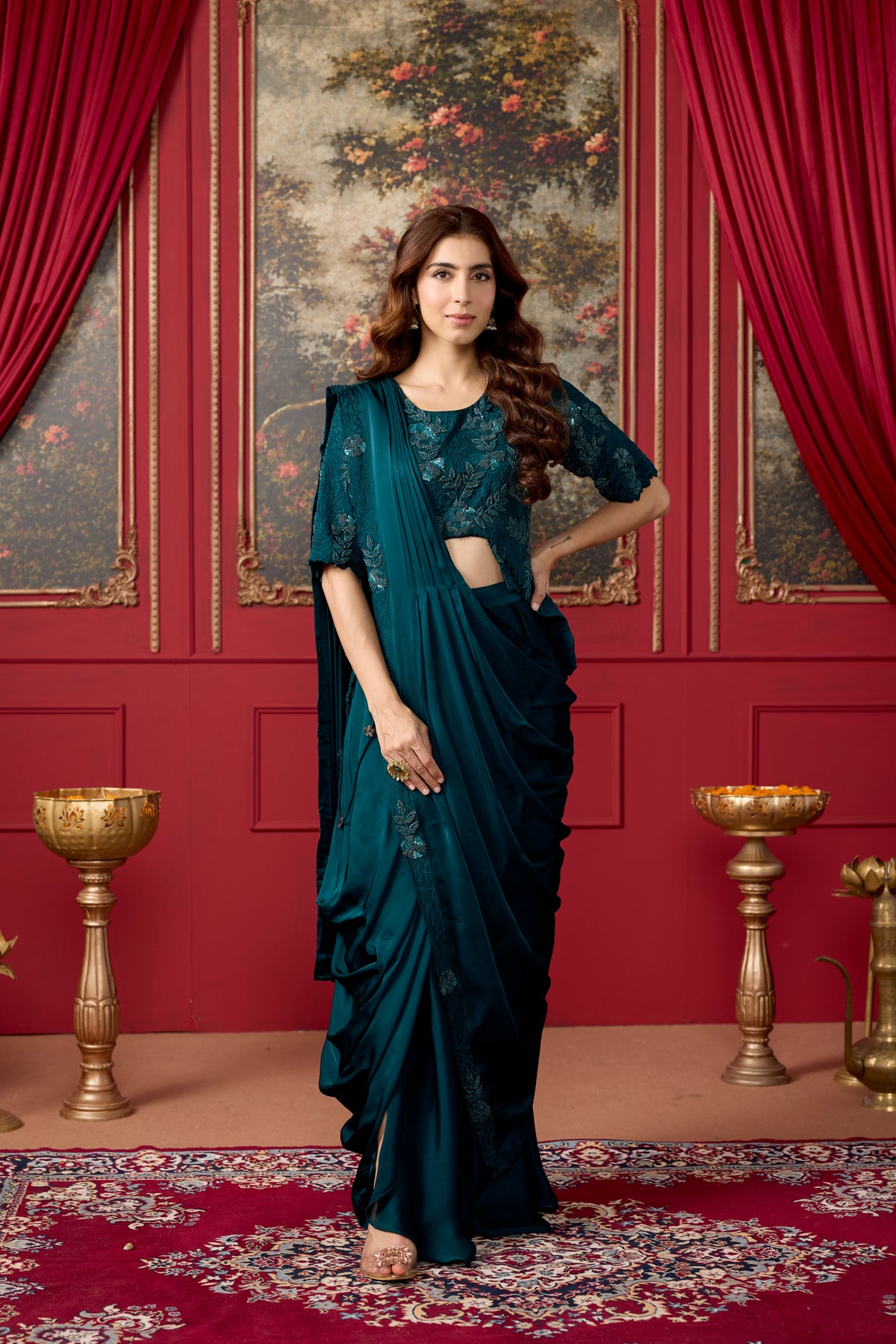 Teal Embellished Crepe Satin Silk Pre-Draped Saree