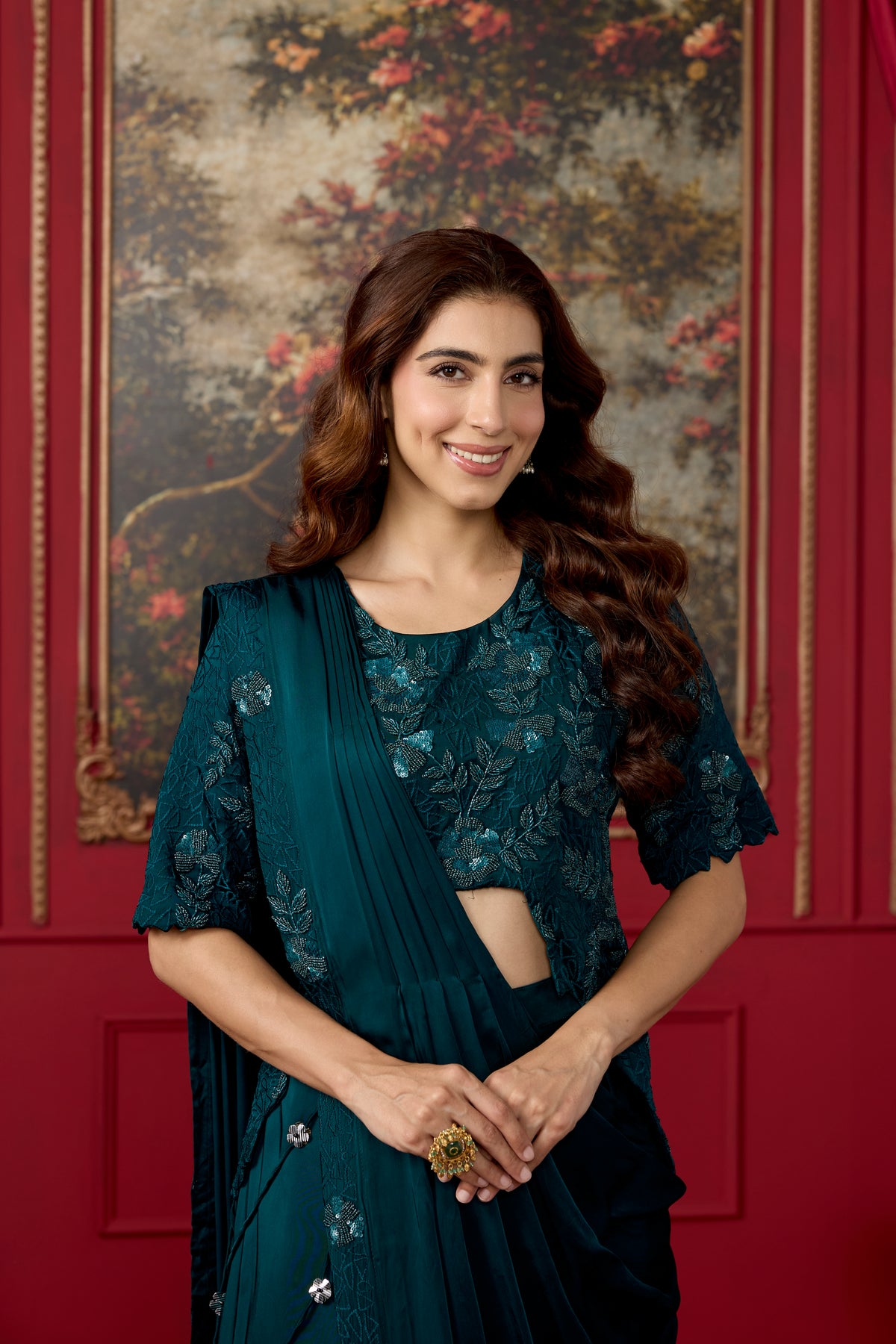 Teal Embellished Crepe Satin Silk Pre-Draped Saree