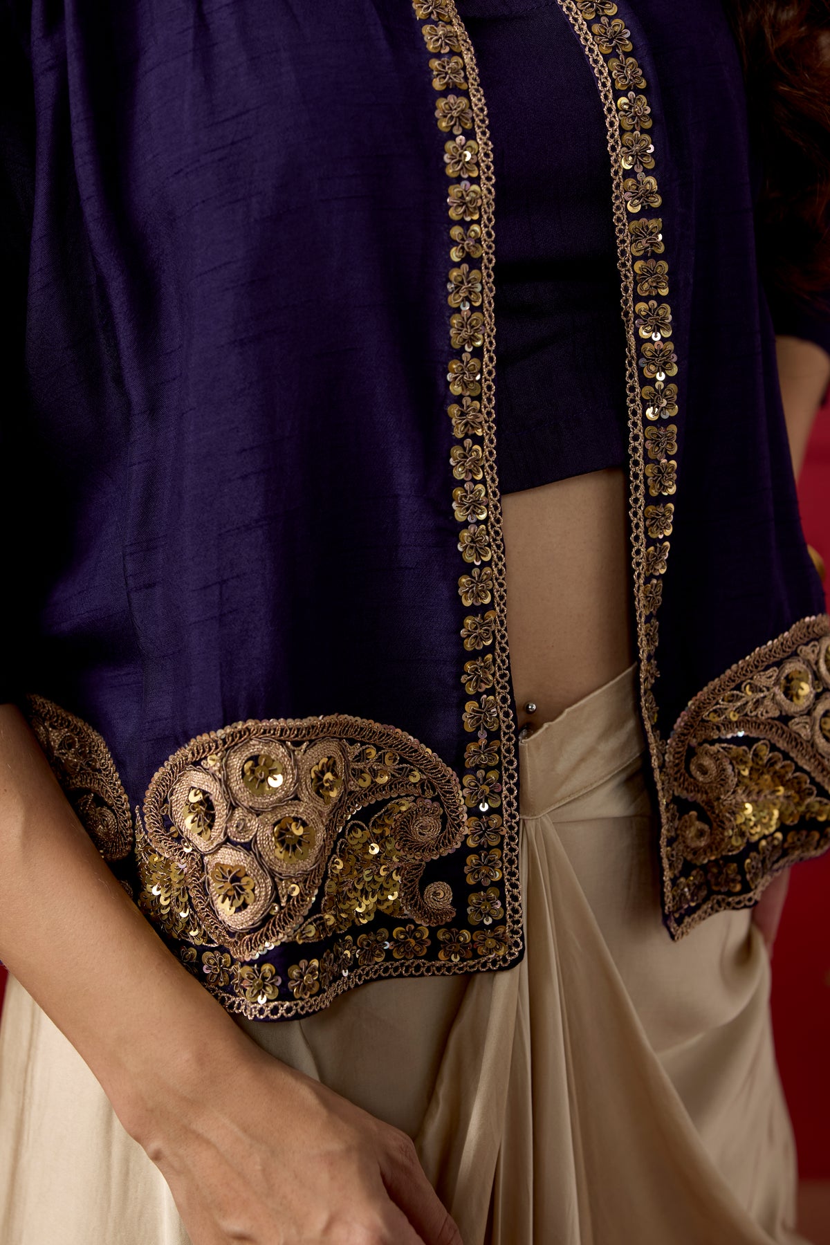 Purple Ecru Embellished Raw Silk Pant Set