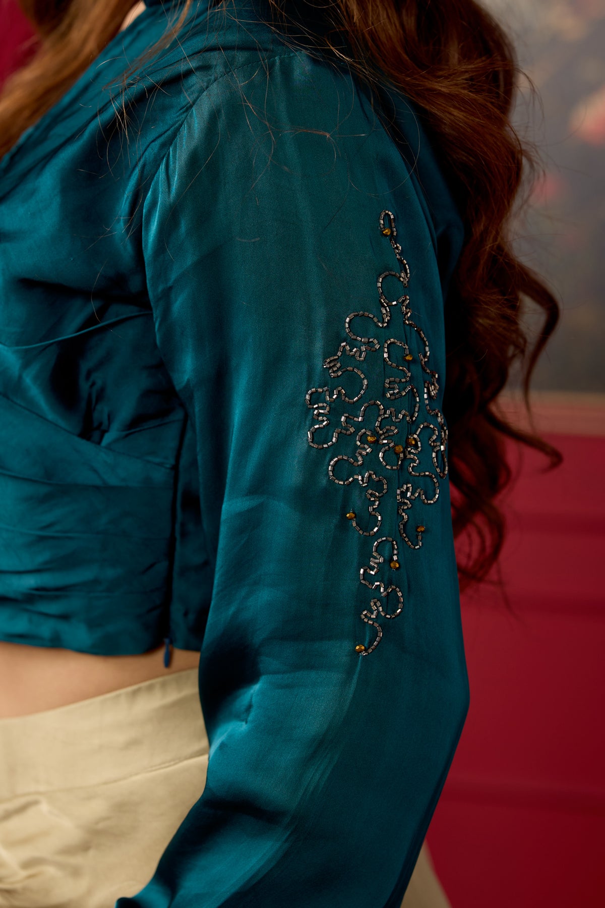 Teal Green Embellished Crepe Satin Silk Skirt Set