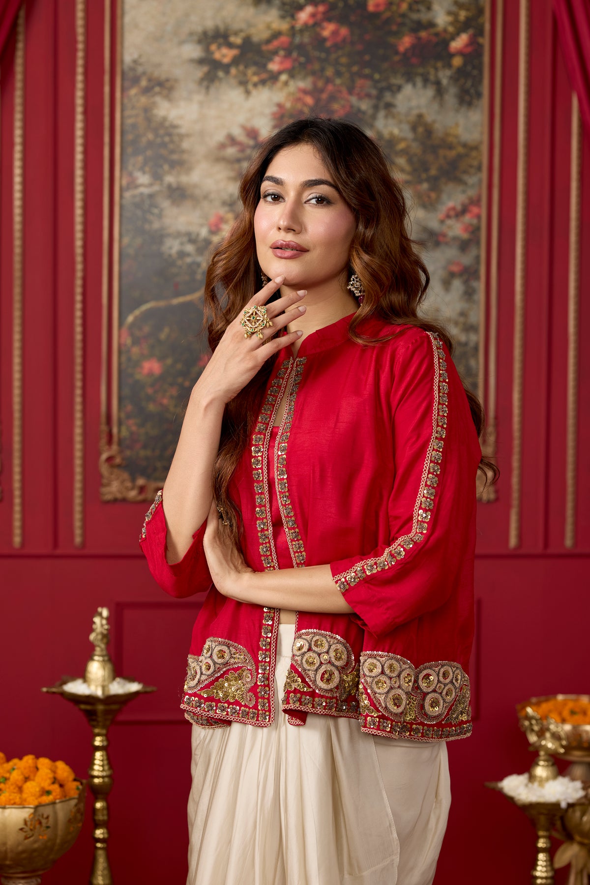 Red Ecru Embellished Raw Silk Pant Set