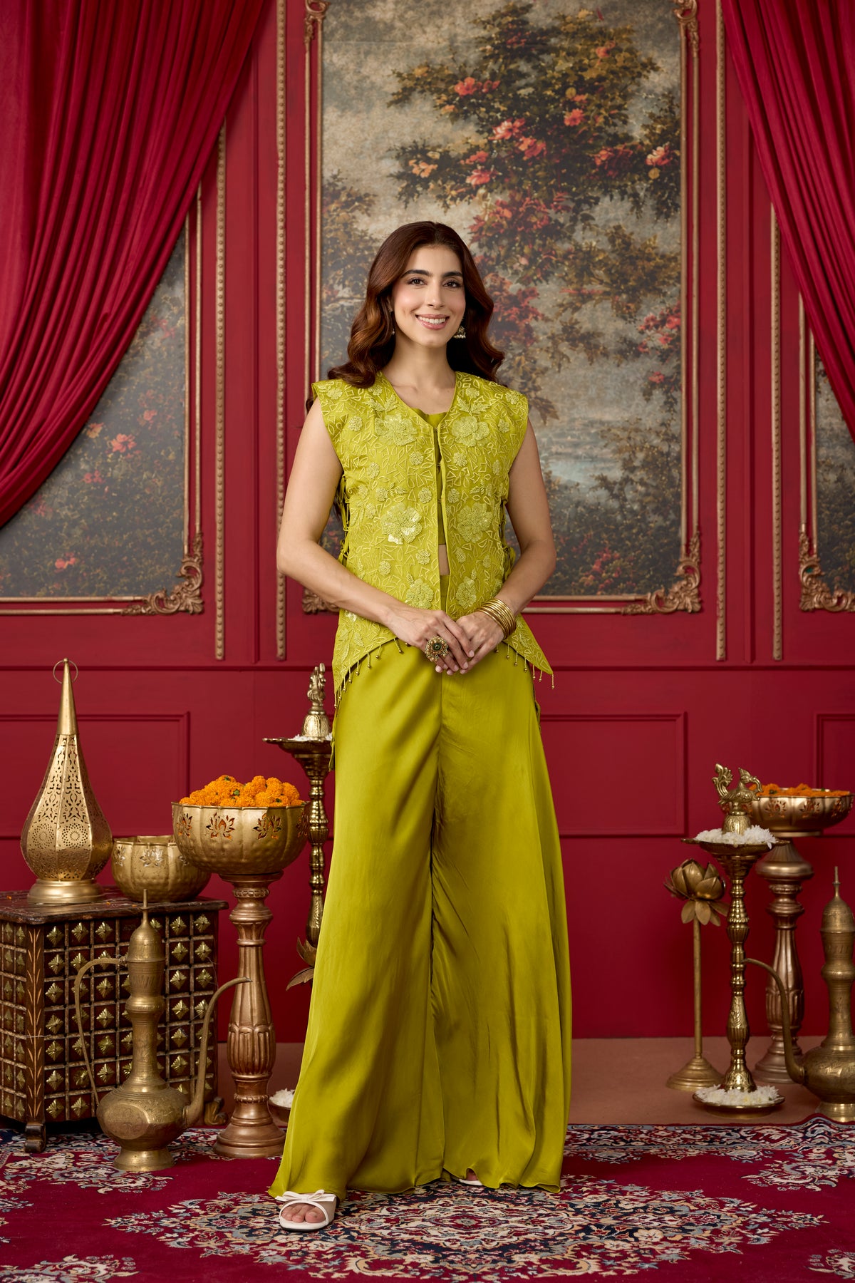 Chartreuse Embellished Satin Silk Palazzo Set
