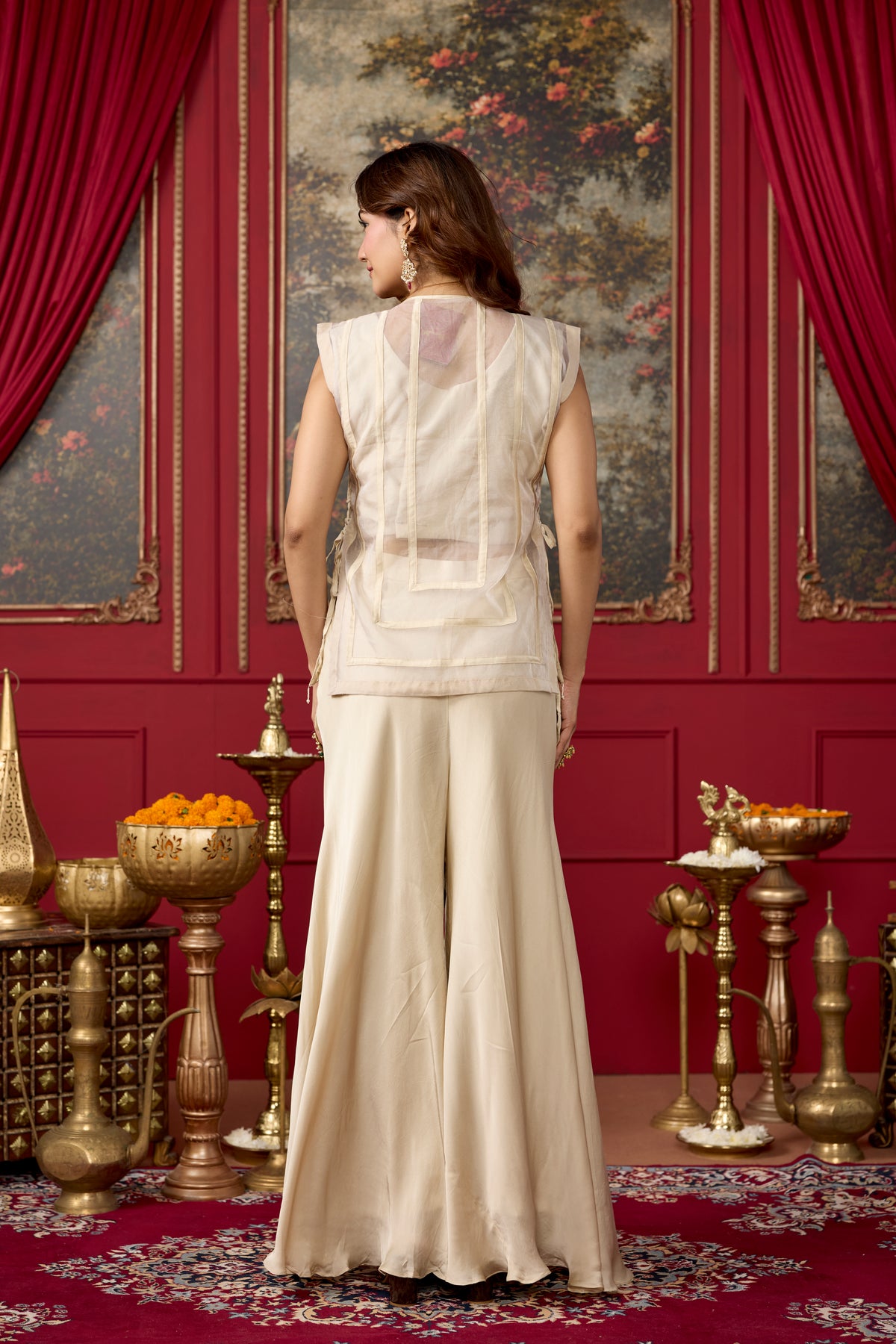 Off Beige Embellished Satin Silk Palazzo Set