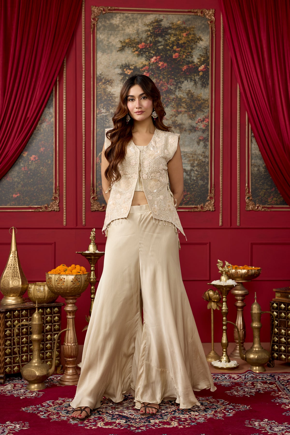 Off Beige Embellished Satin Silk Palazzo Set