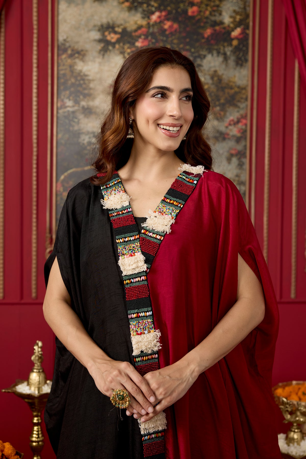 Black and Maroon Embellished Raw Silk Kaftan Set