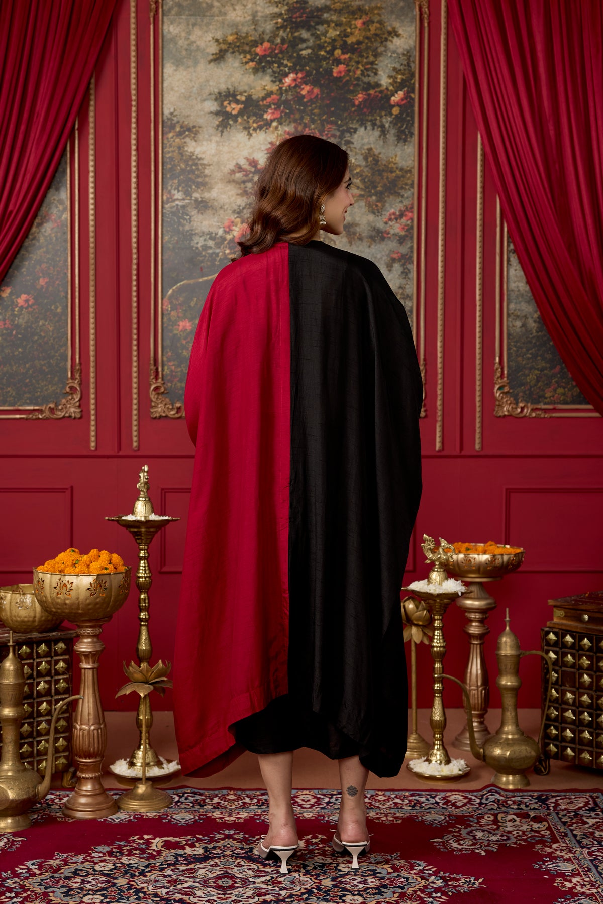 Black and Maroon Embellished Raw Silk Kaftan Set