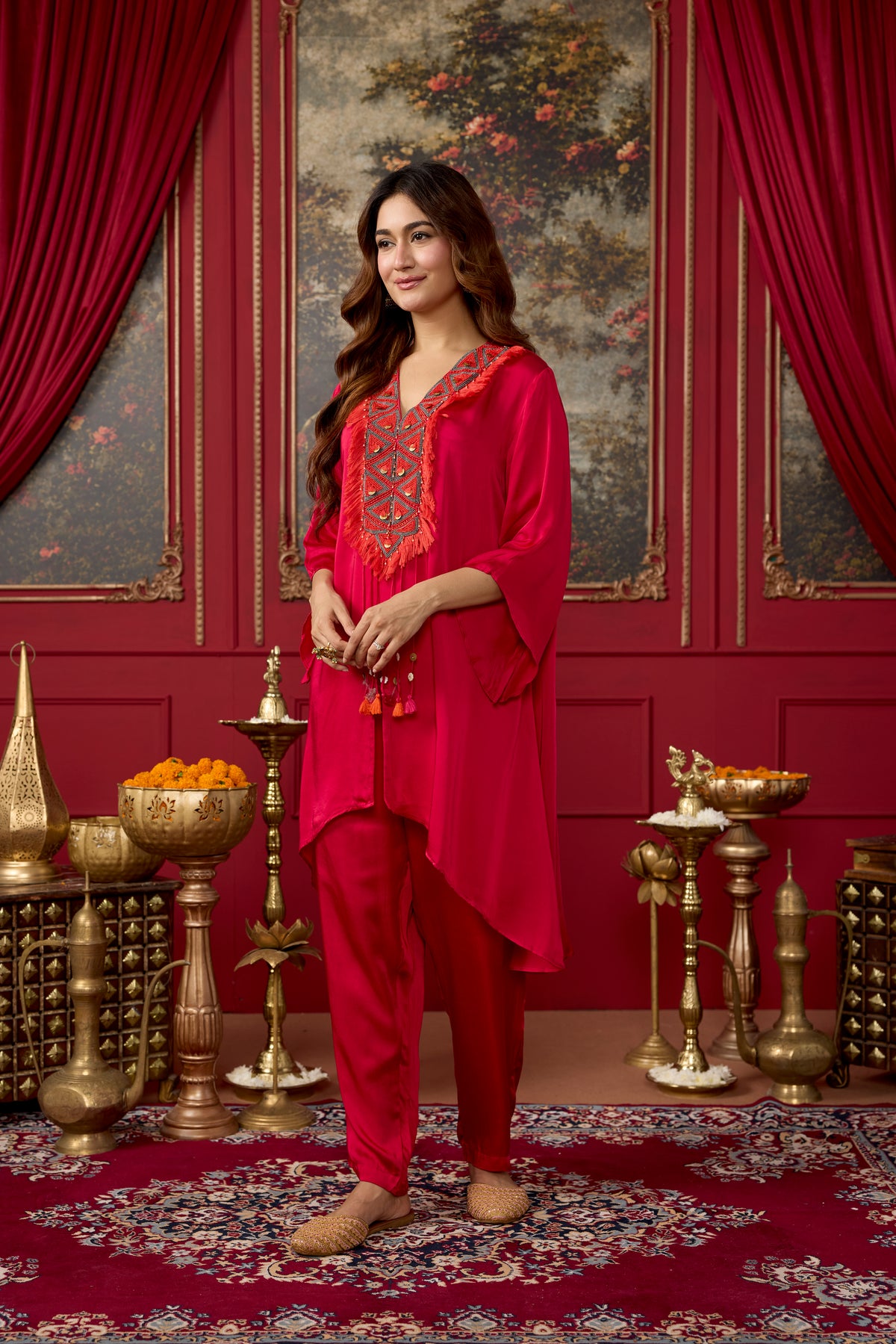 Bright Rani Pink Embellished Satin Silk Pant Set
