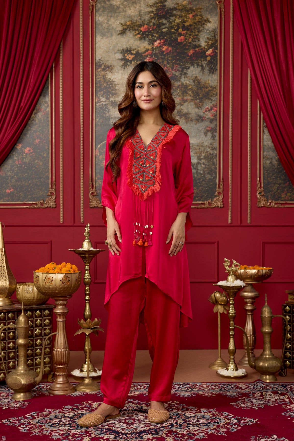 Bright Rani Pink Embellished Satin Silk Pant Set