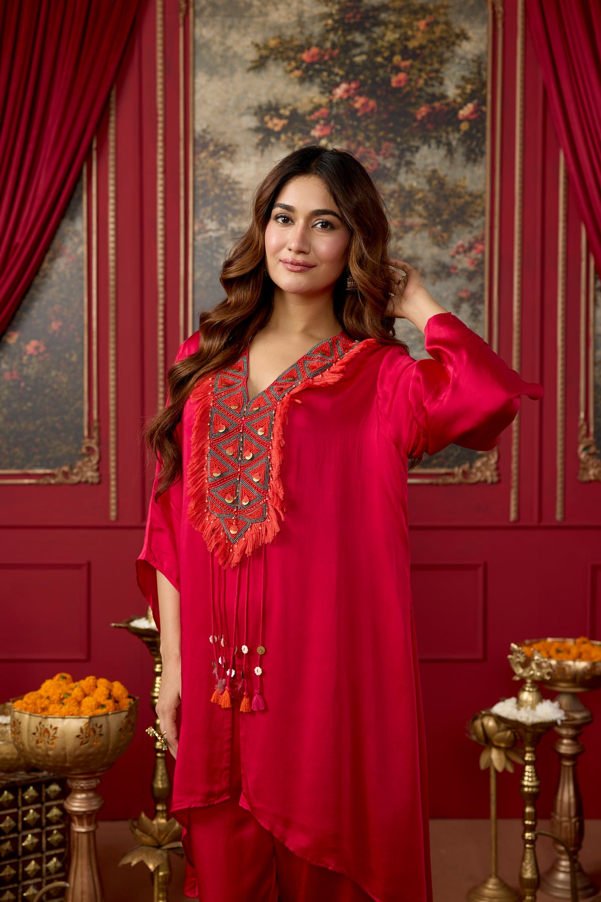 Bright Rani Pink Embellished Satin Silk Pant Set