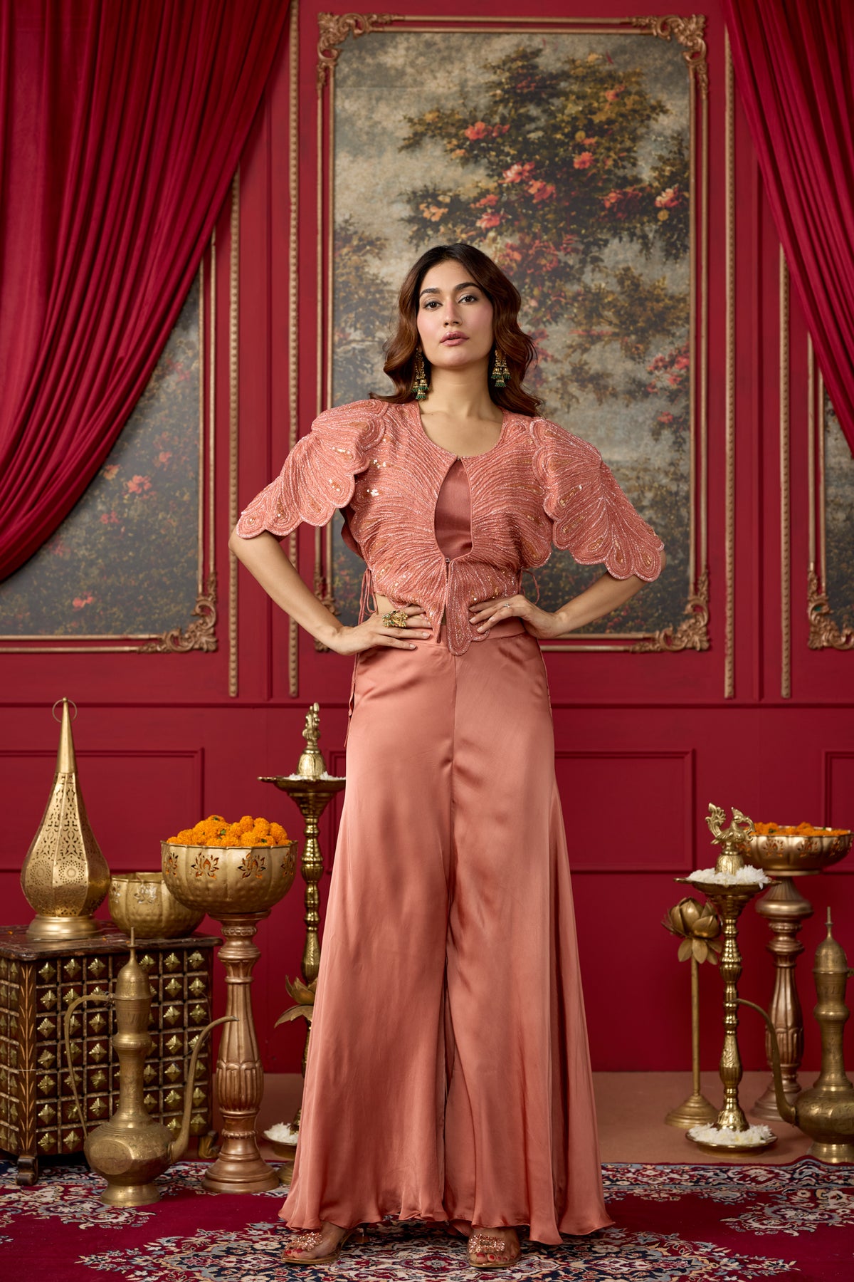 Muted Orange Embellished Crepe Satin Silk Palazzo Set