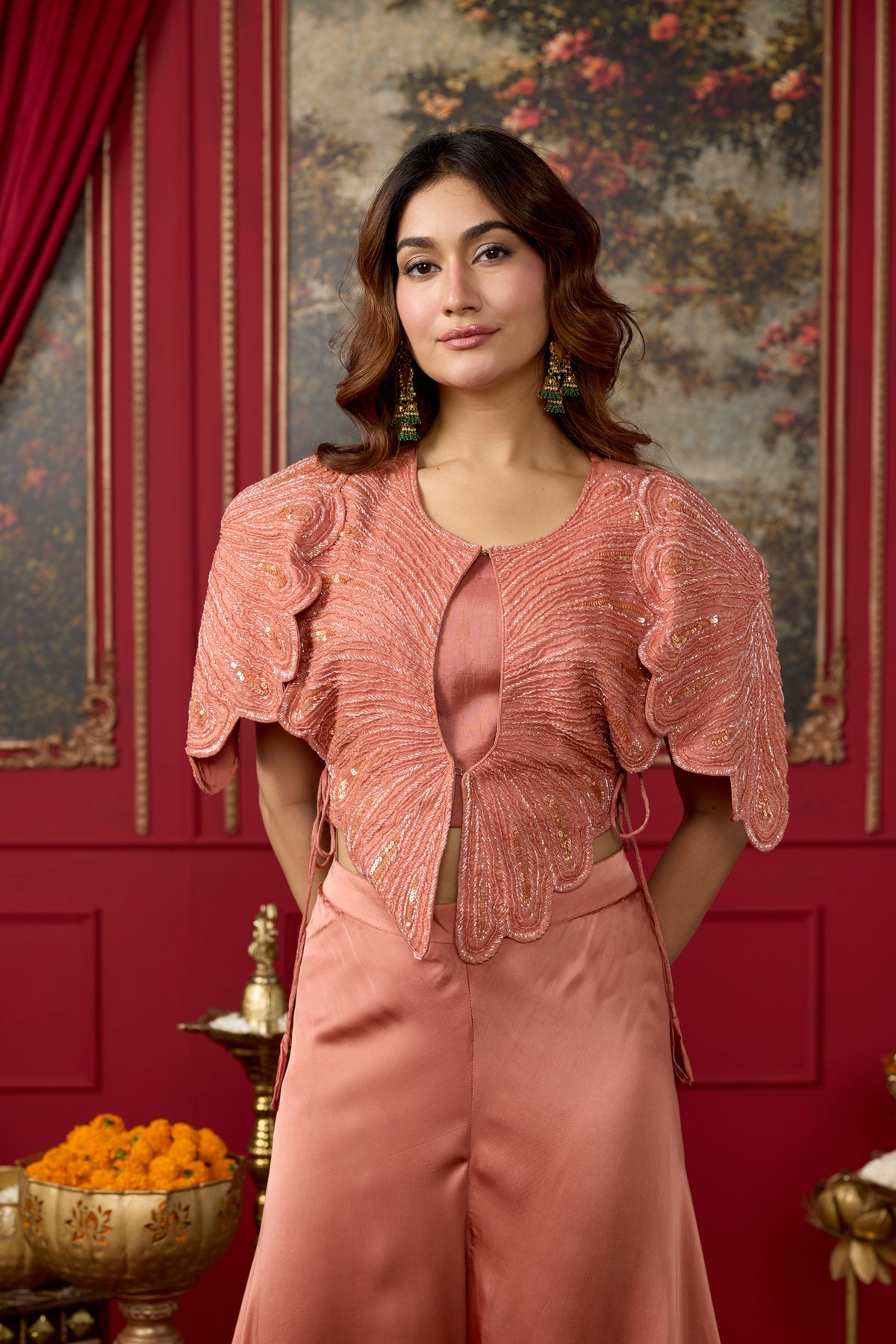 Muted Orange Embellished Crepe Satin Silk Palazzo Set