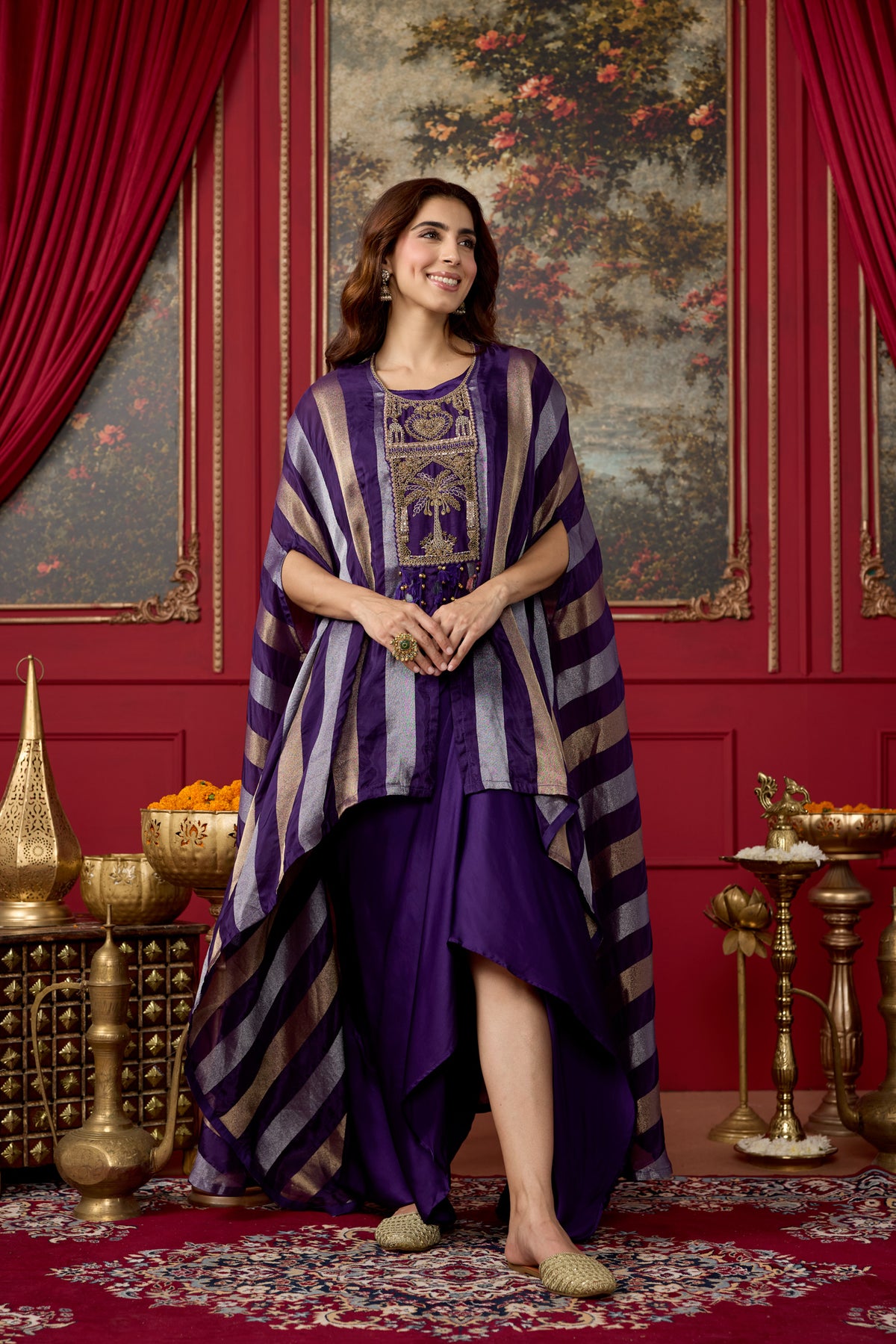 Royal Purple Embellished Crepe Silk Kaftan Set