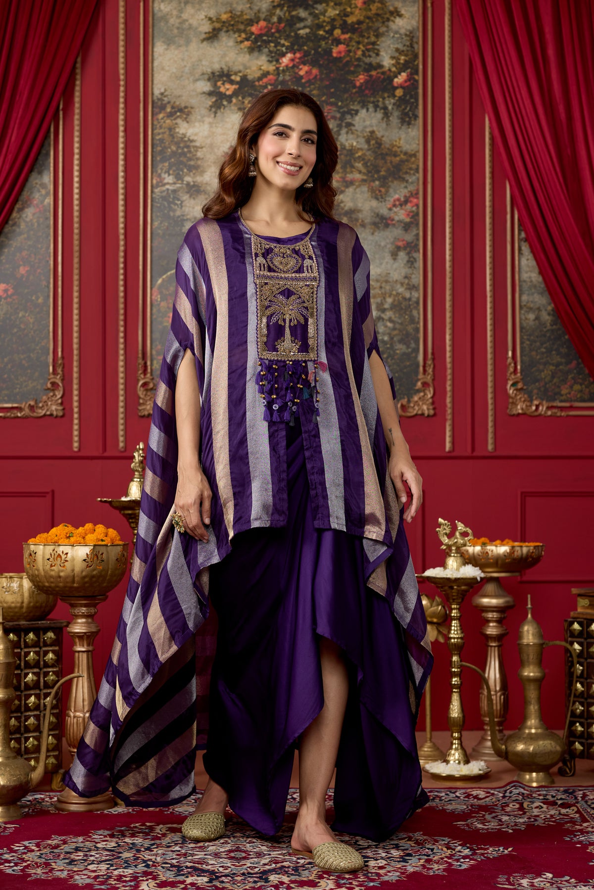 Royal Purple Embellished Crepe Silk Kaftan Set