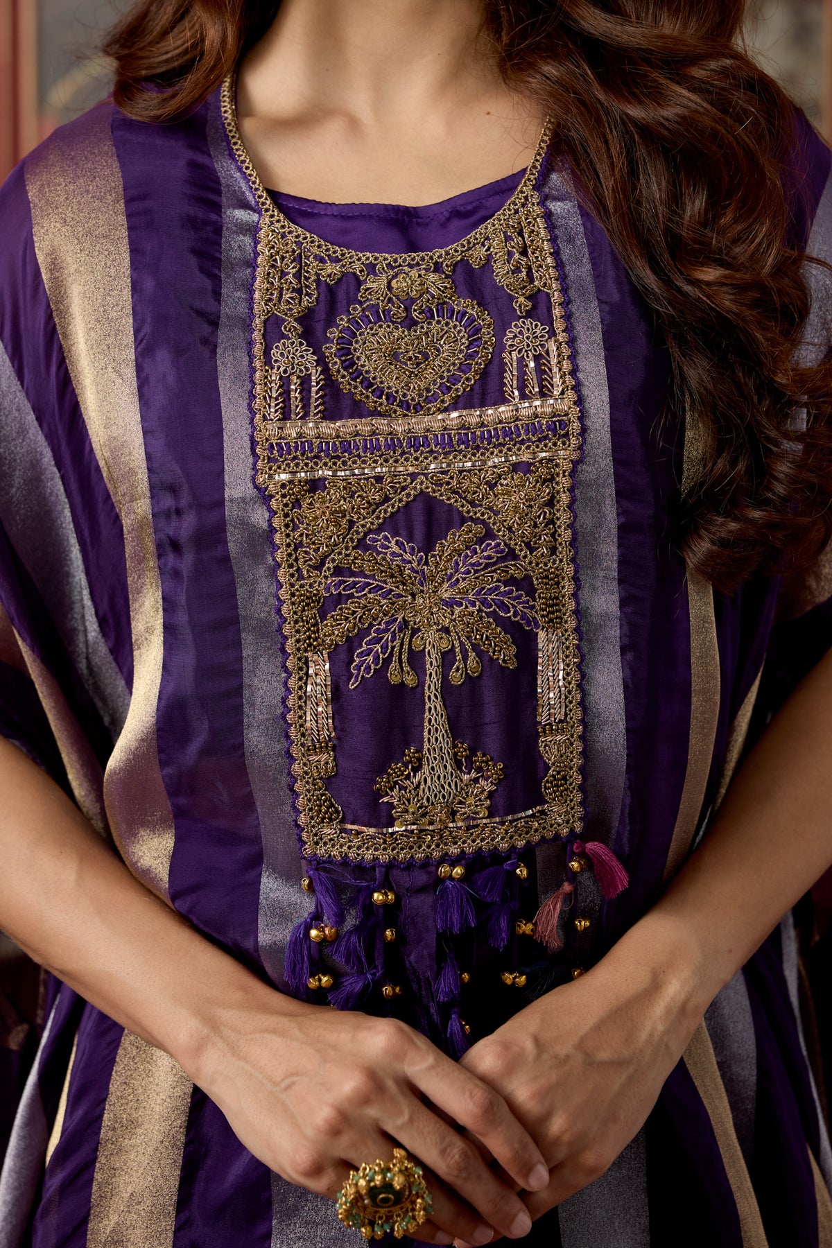 Royal Purple Embellished Crepe Silk Kaftan Set