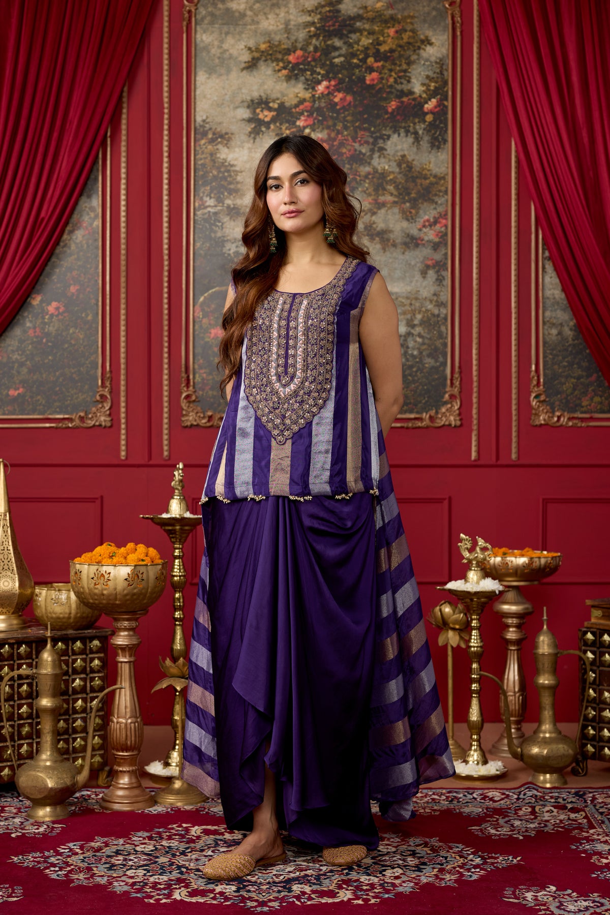 Rich Purple Embellished Crepe Silk Skirt Set