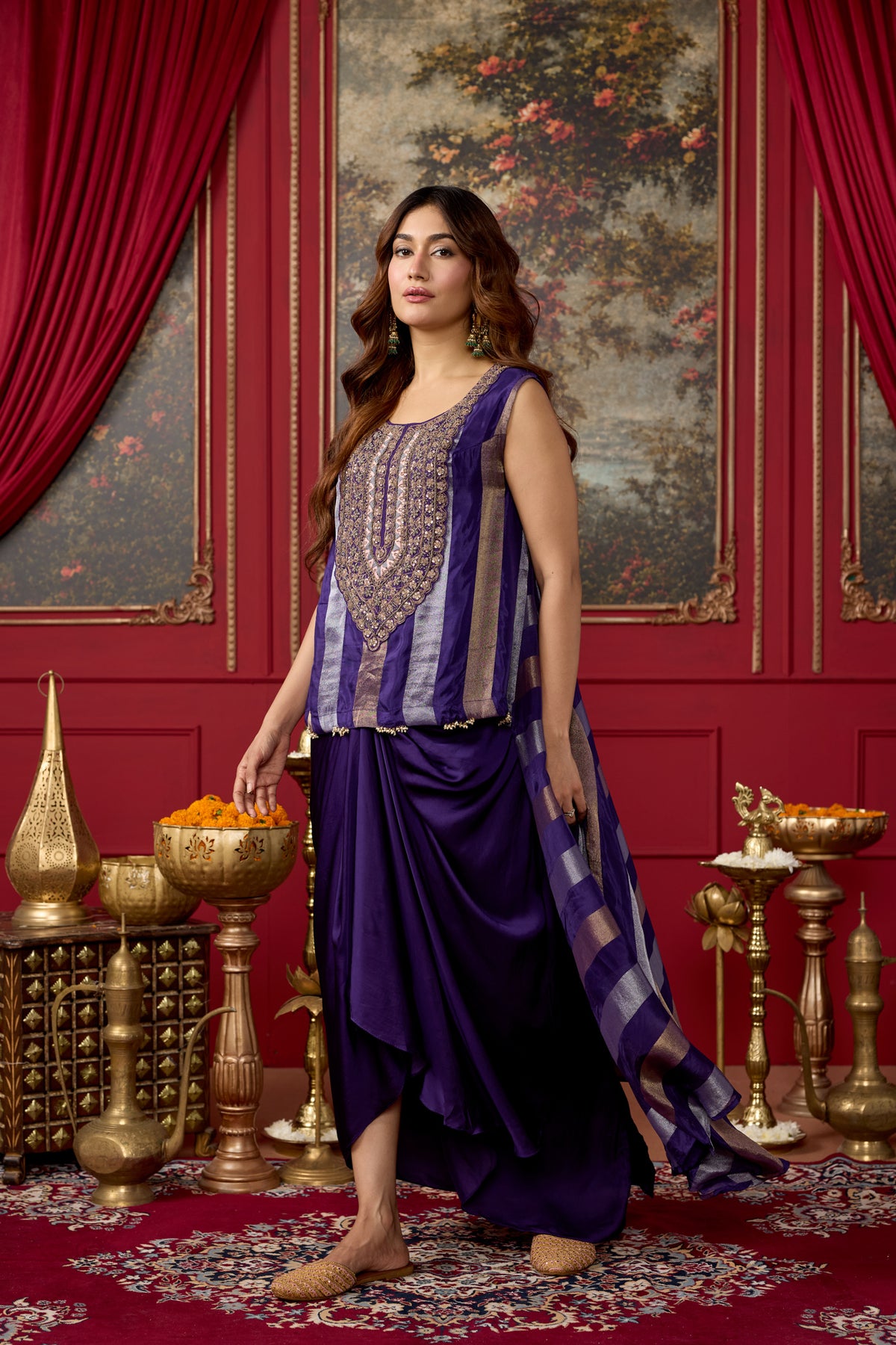 Rich Purple Embellished Crepe Silk Skirt Set