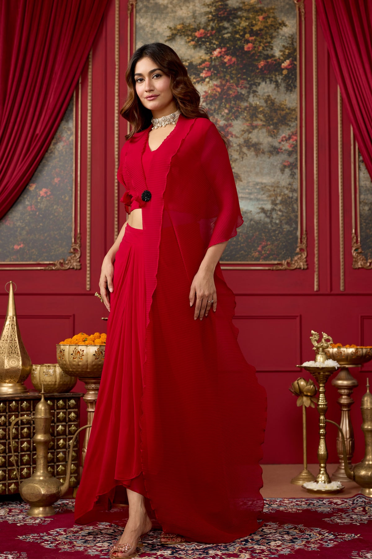 Rich Red Embellished Georgette Silk Skirt Set