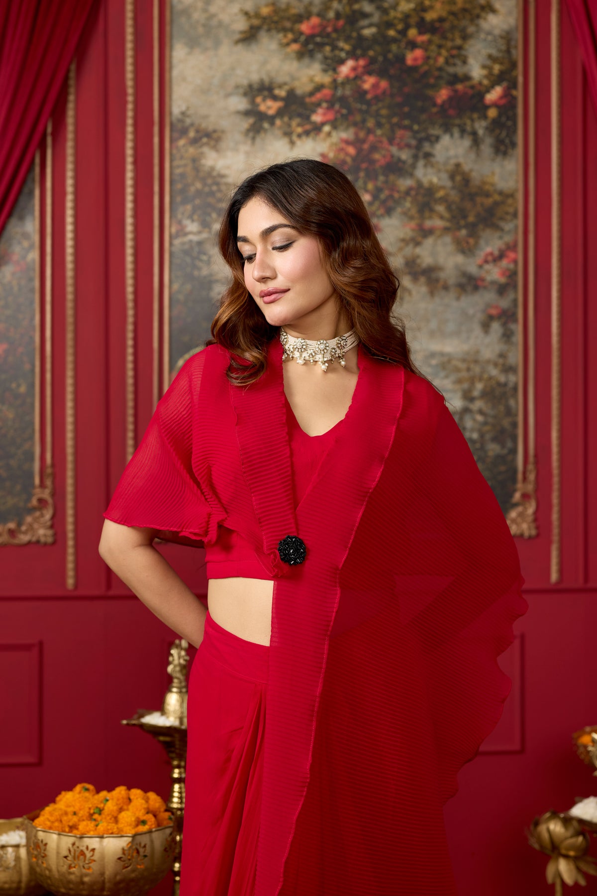 Rich Red Embellished Georgette Silk Skirt Set