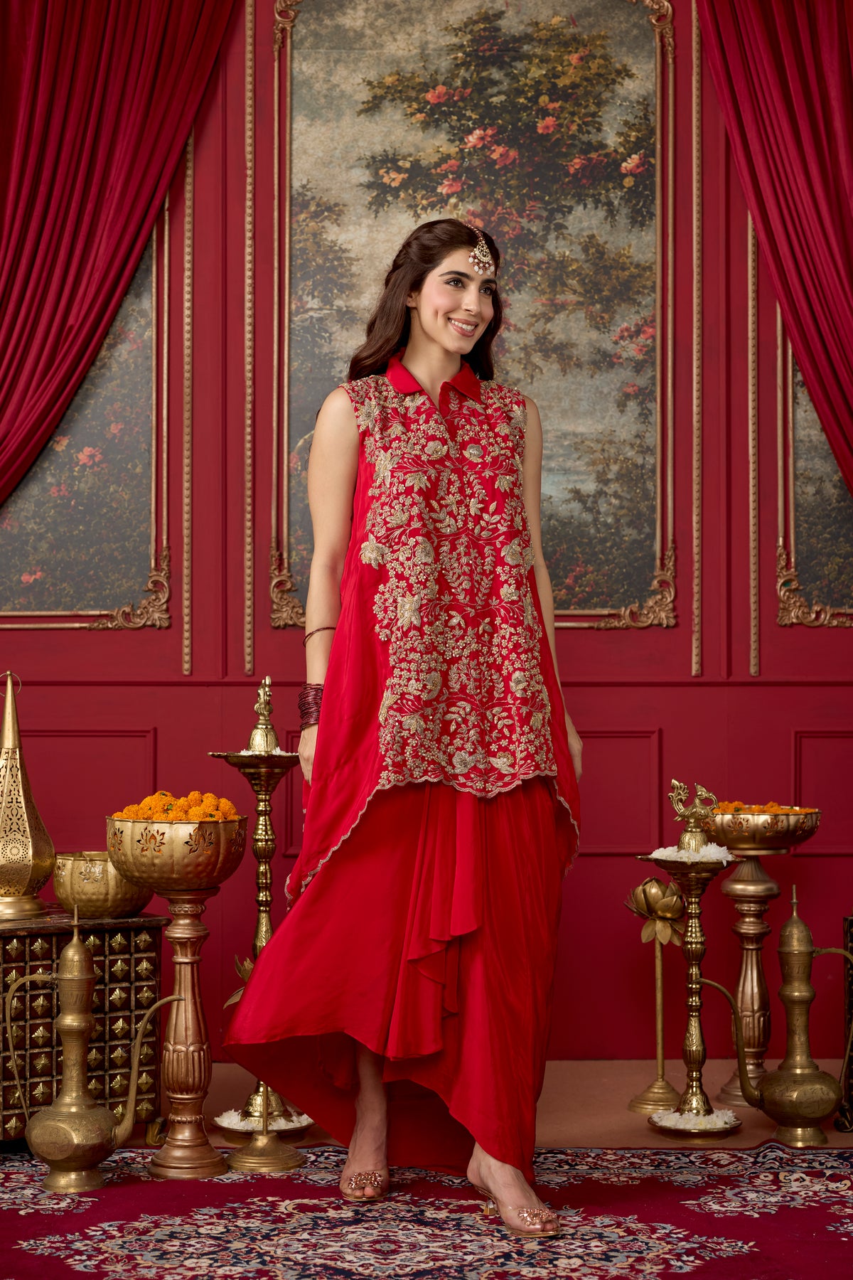 Red Chili Embellished Crepe Silk Skirt Set