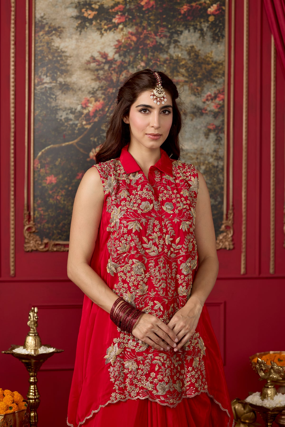 Red Chili Embellished Crepe Silk Skirt Set