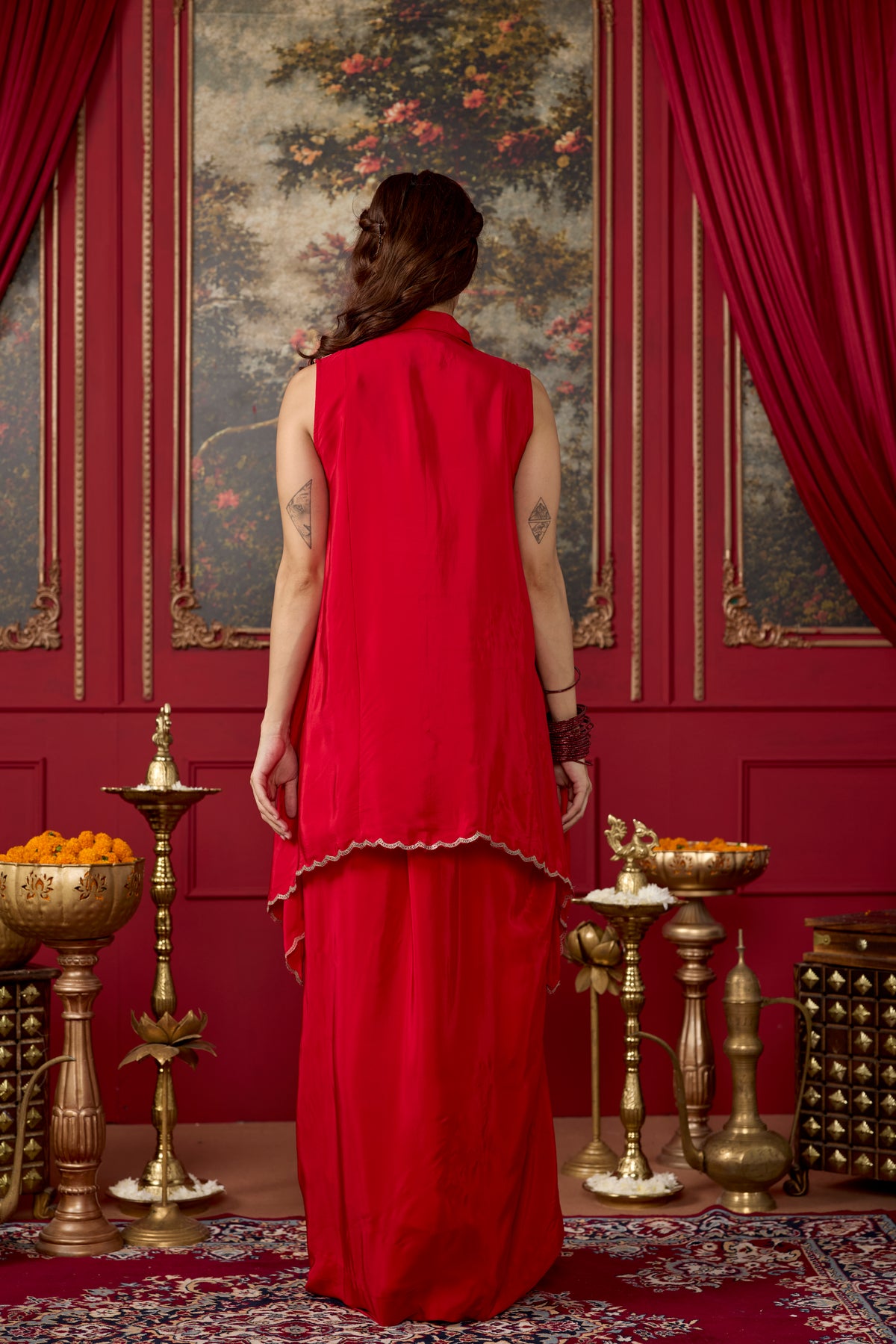 Red Chili Embellished Crepe Silk Skirt Set