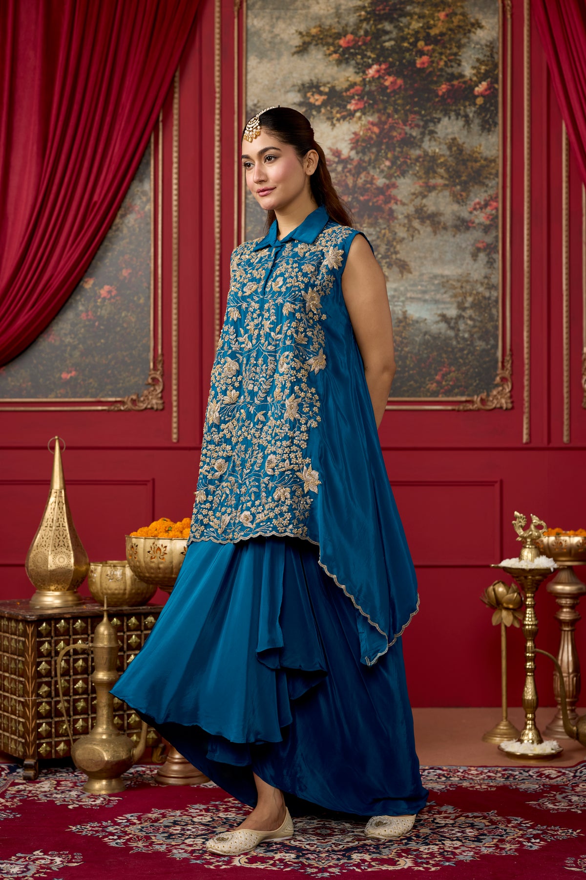 Azure Blue Embellished Crepe Silk Skirt Set