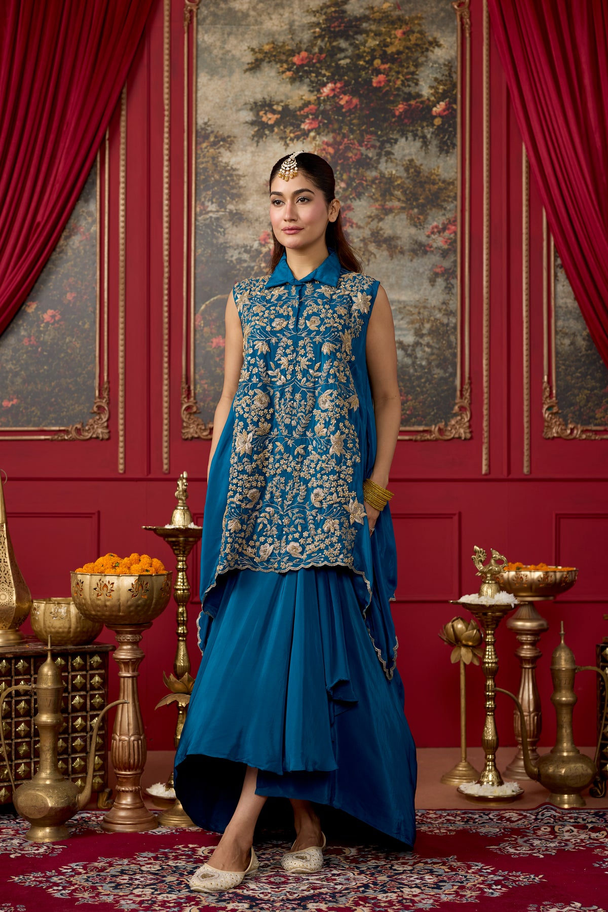 Azure Blue Embellished Crepe Silk Skirt Set