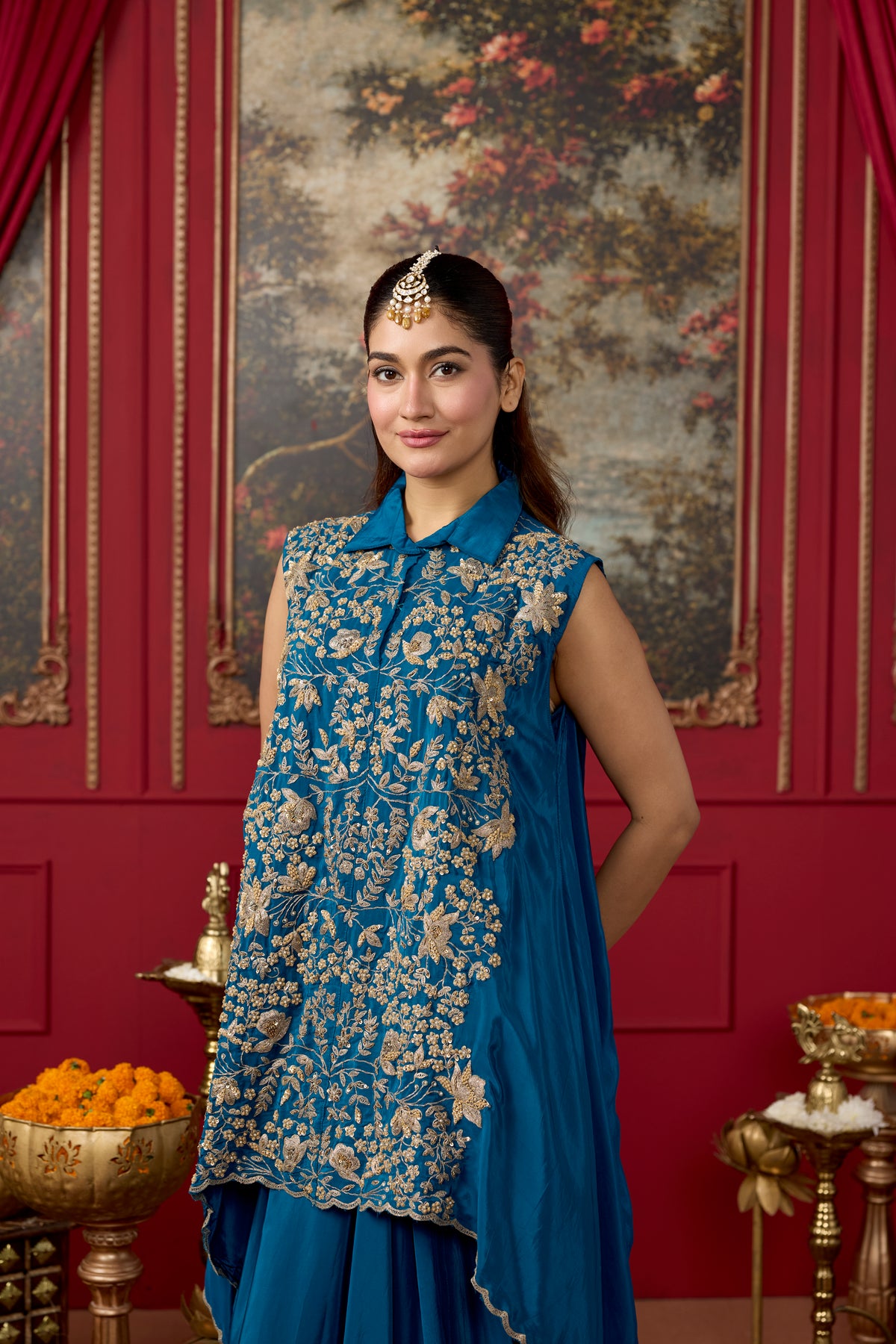 Azure Blue Embellished Crepe Silk Skirt Set