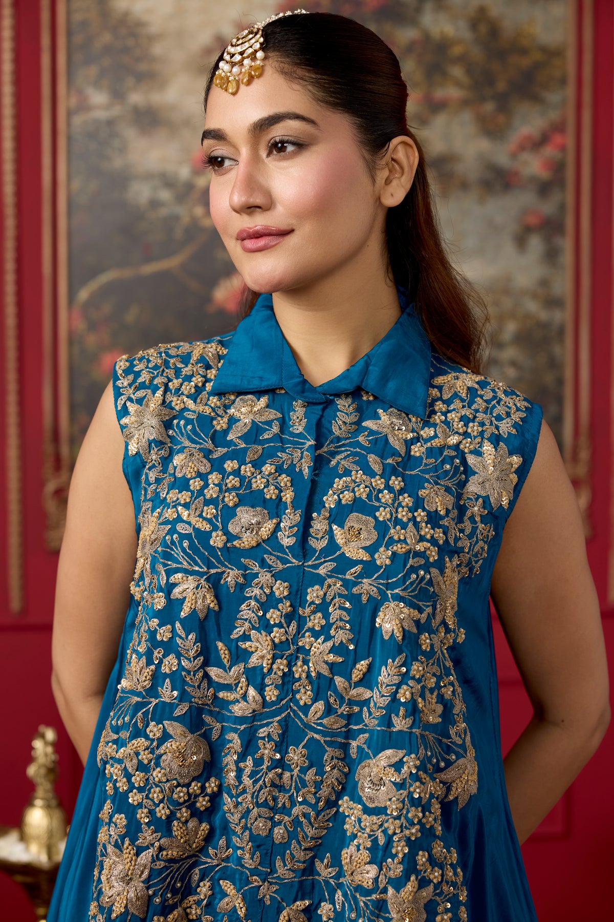 Azure Blue Embellished Crepe Silk Skirt Set