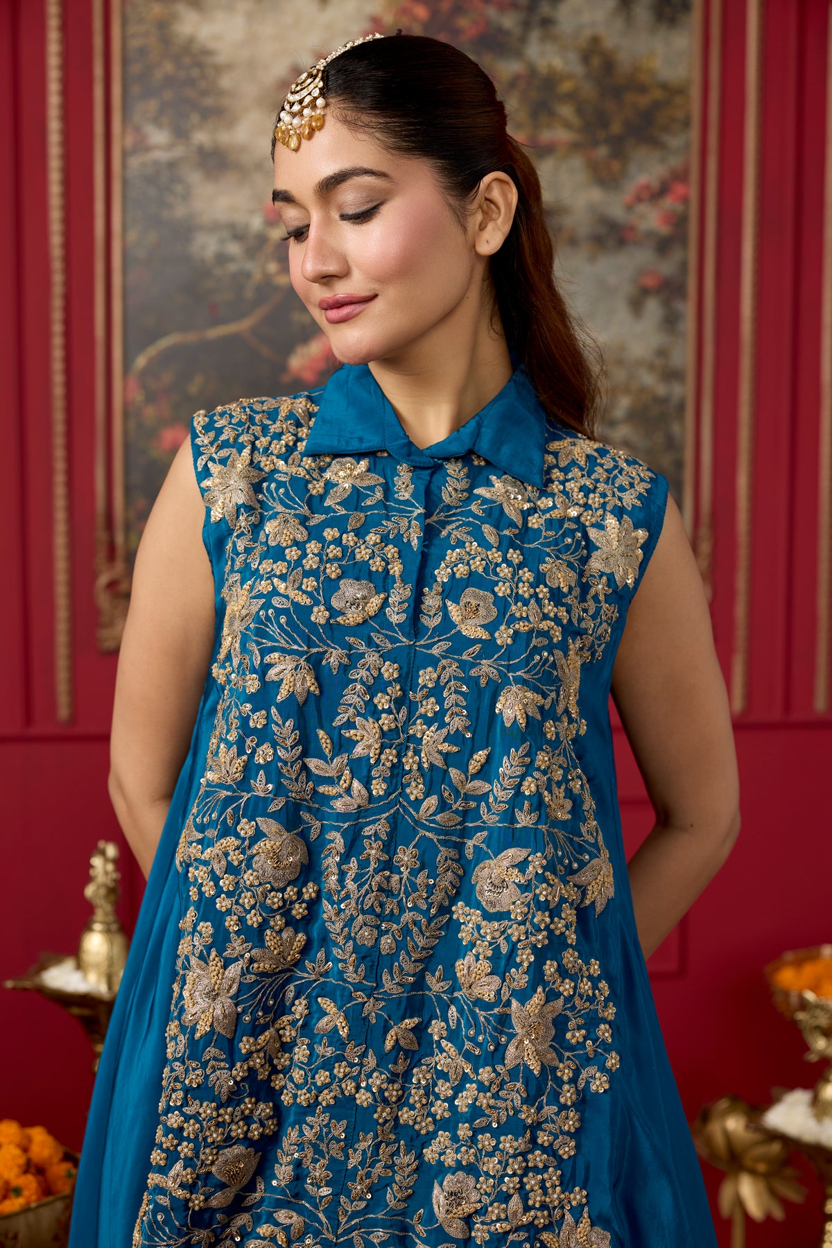 Azure Blue Embellished Crepe Silk Skirt Set