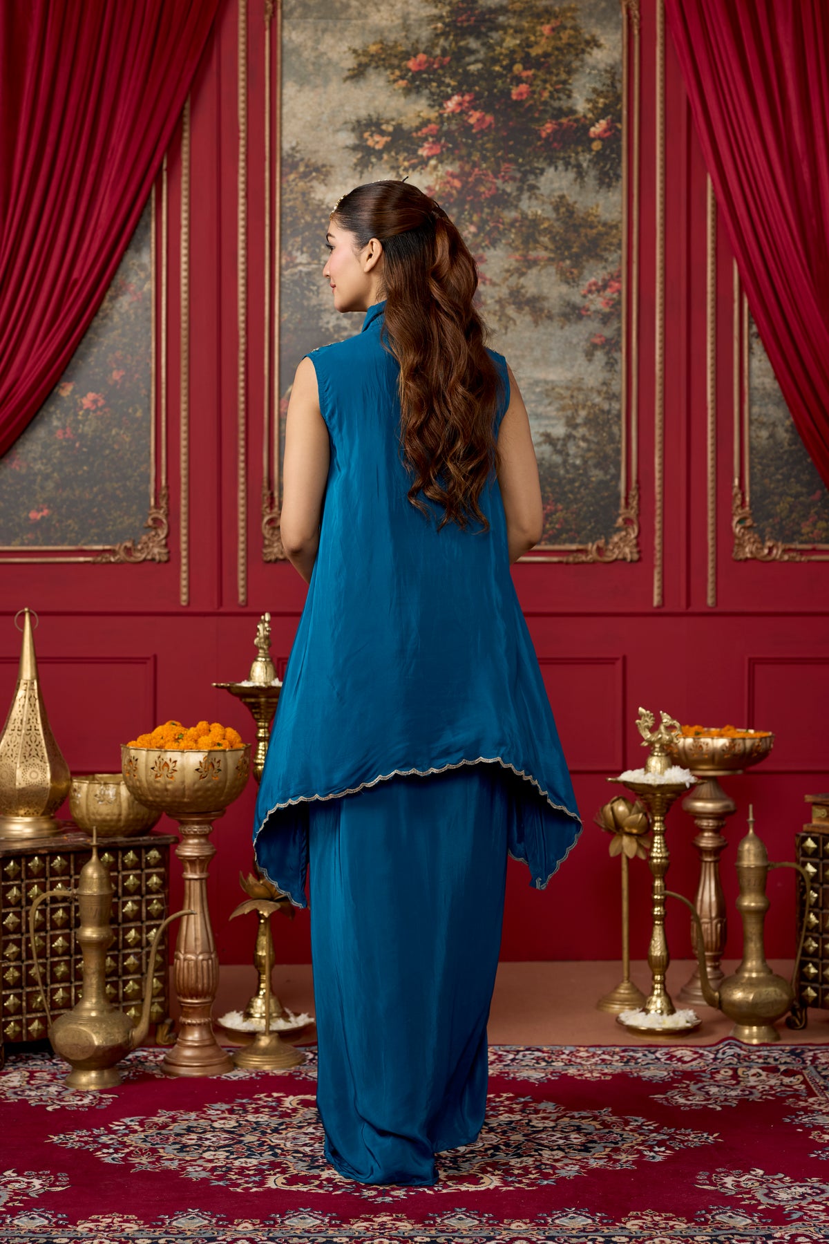 Azure Blue Embellished Crepe Silk Skirt Set