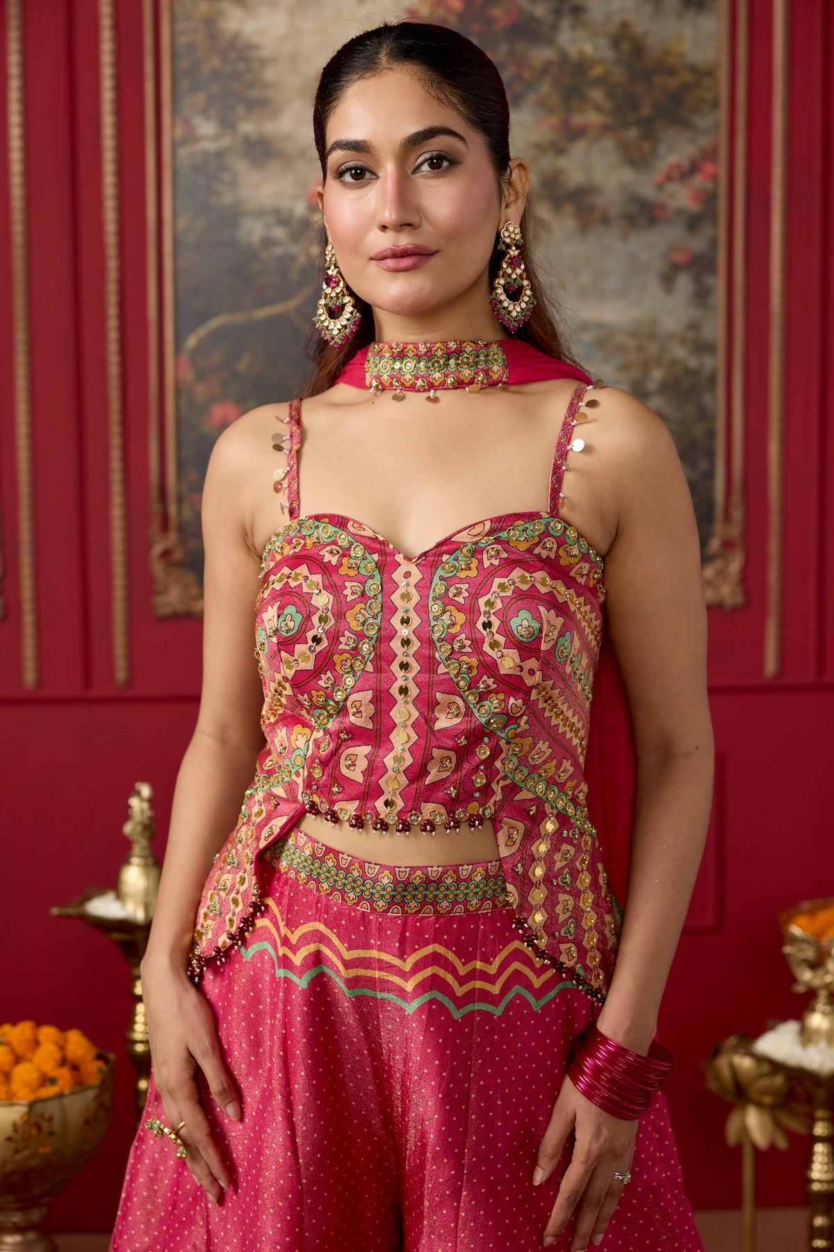 Dusty Pink Embellished Shimmer Silk Palazzo Set