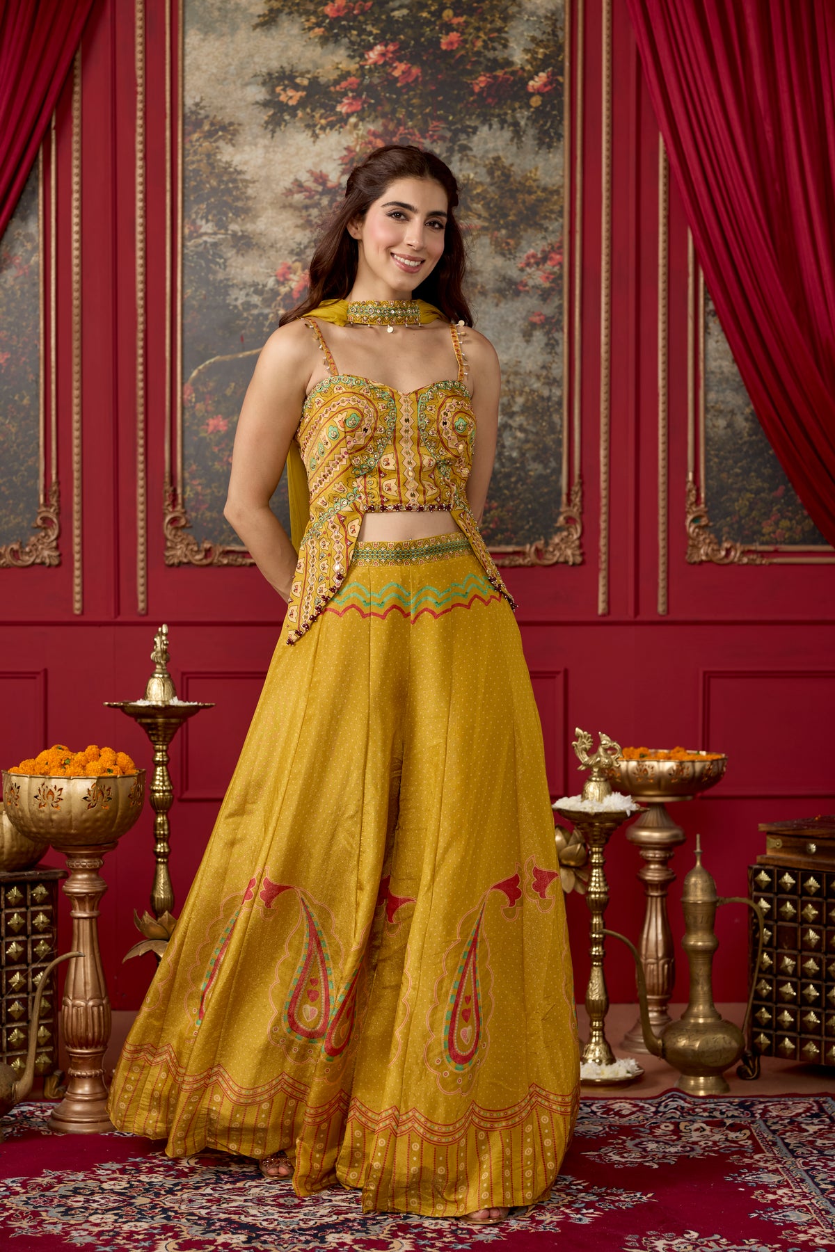 Sunshine Yellow Embellished Shimmer Silk Palazzo Set