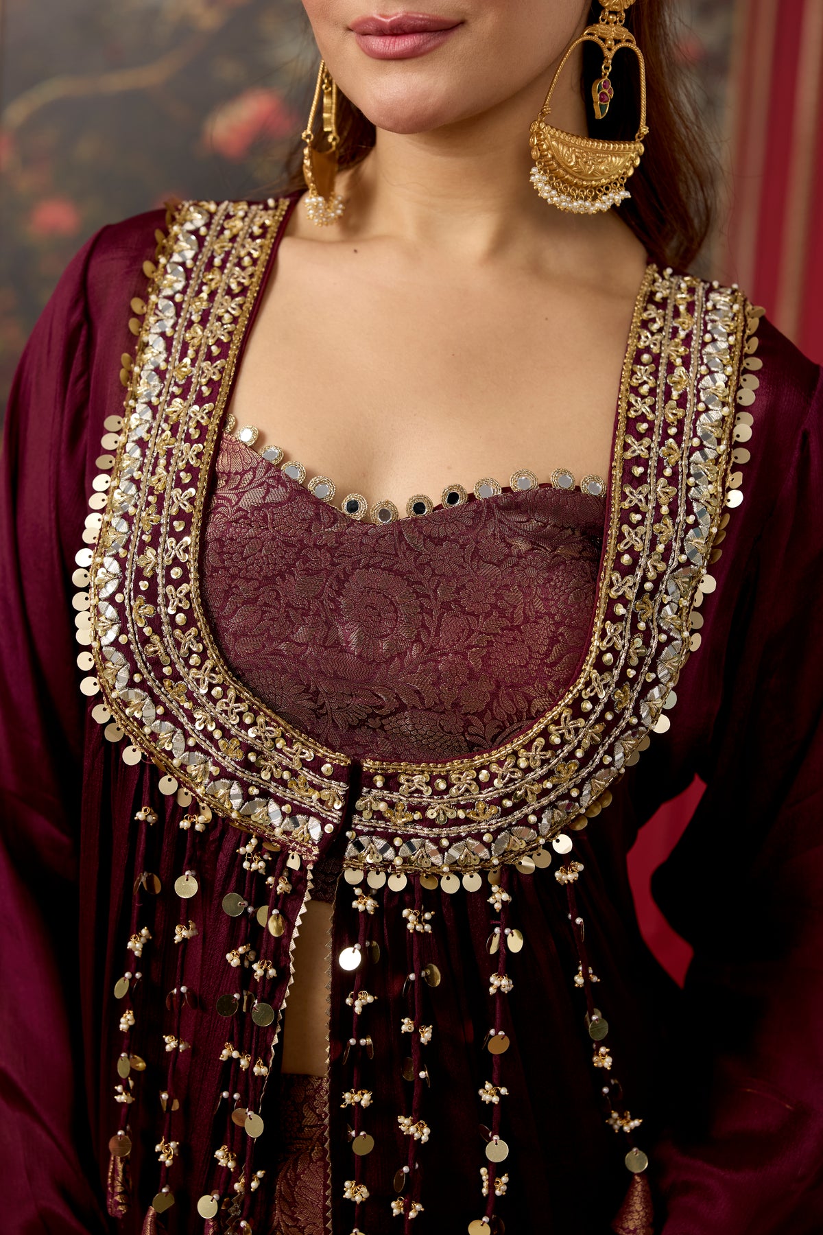 Deep Wine Embellished Brocade Silk Palazzo Set