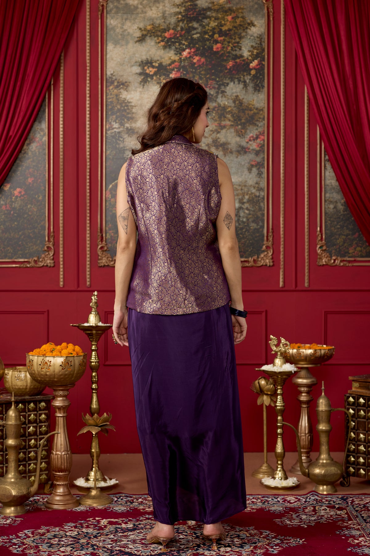 Regal Purple Embellished Crepe Silk Skirt Set