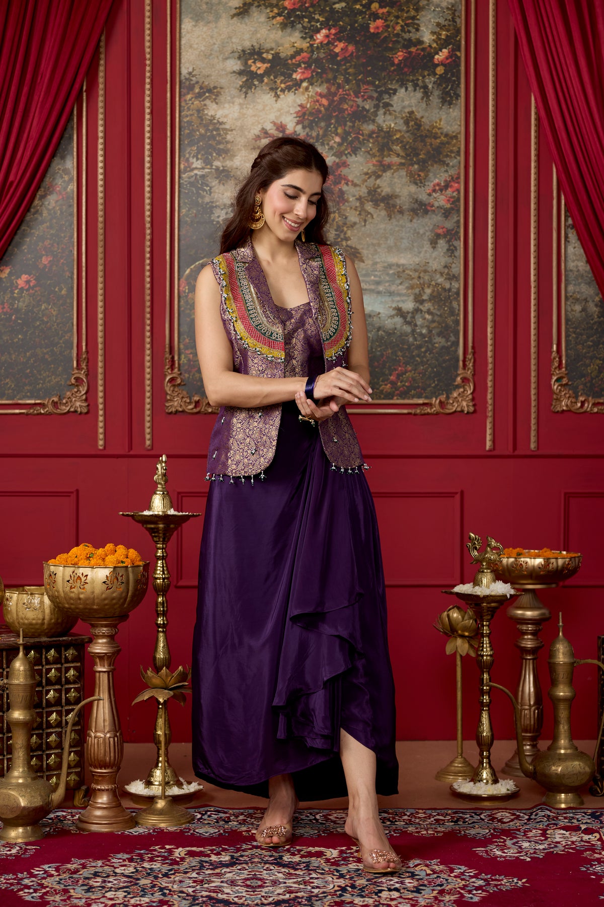 Regal Purple Embellished Crepe Silk Skirt Set