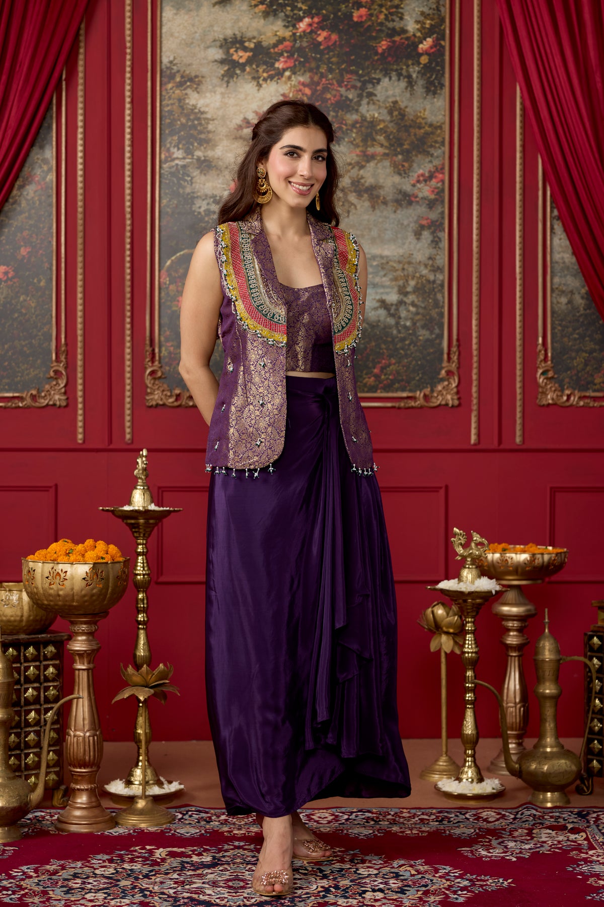 Regal Purple Embellished Crepe Silk Skirt Set
