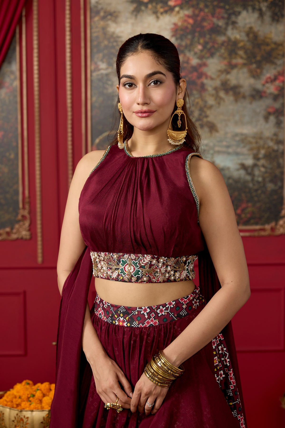 Deep Wine Embellished Chinon Silk Skirt Set