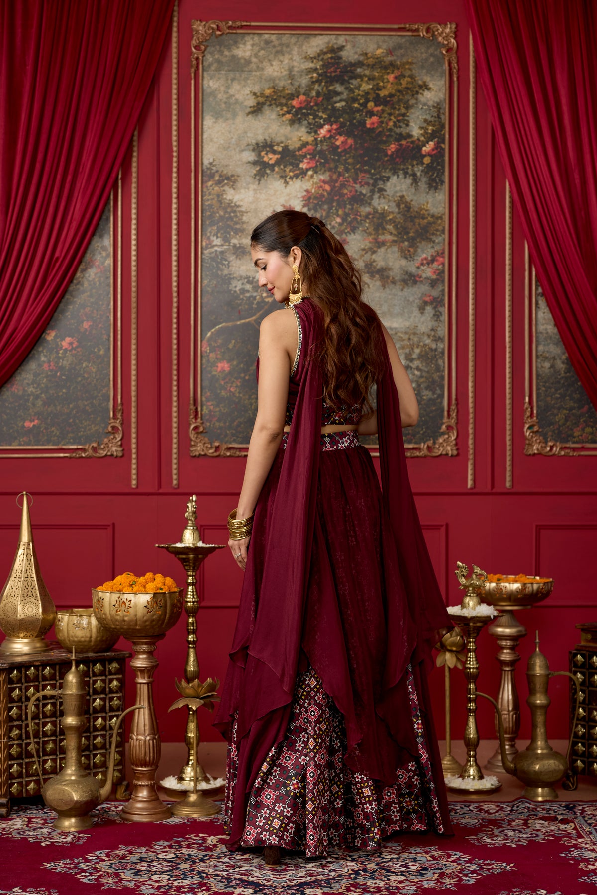 Deep Wine Embellished Chinon Silk Skirt Set