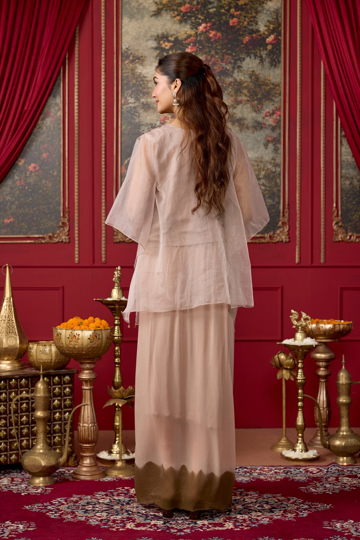 Nude Embroidered Organza Silk Drape Skirt Set