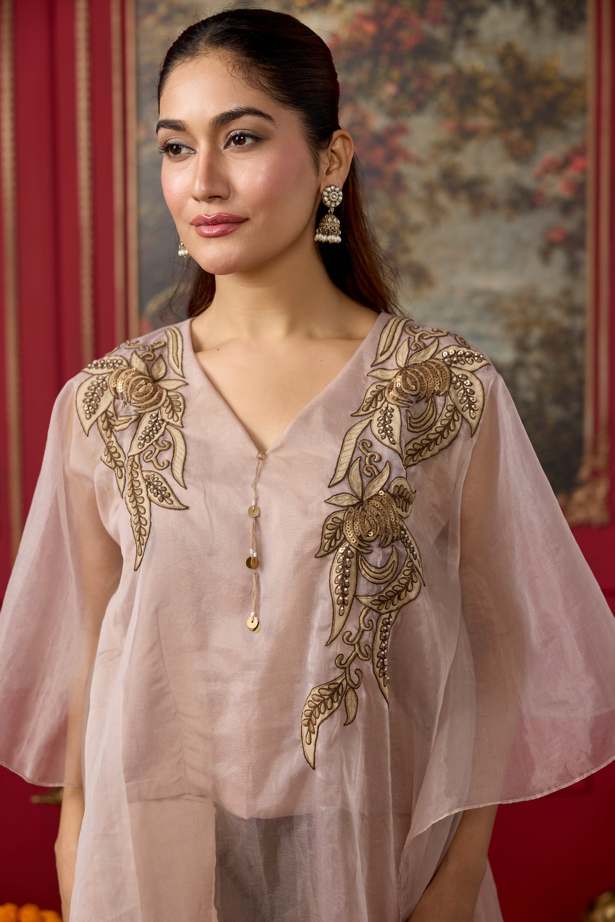 Nude Embroidered Organza Silk Drape Skirt Set