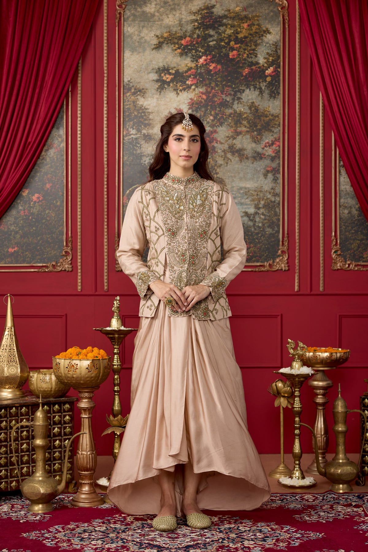 Blush Champagne Embellished Raw Silk Skirt Set