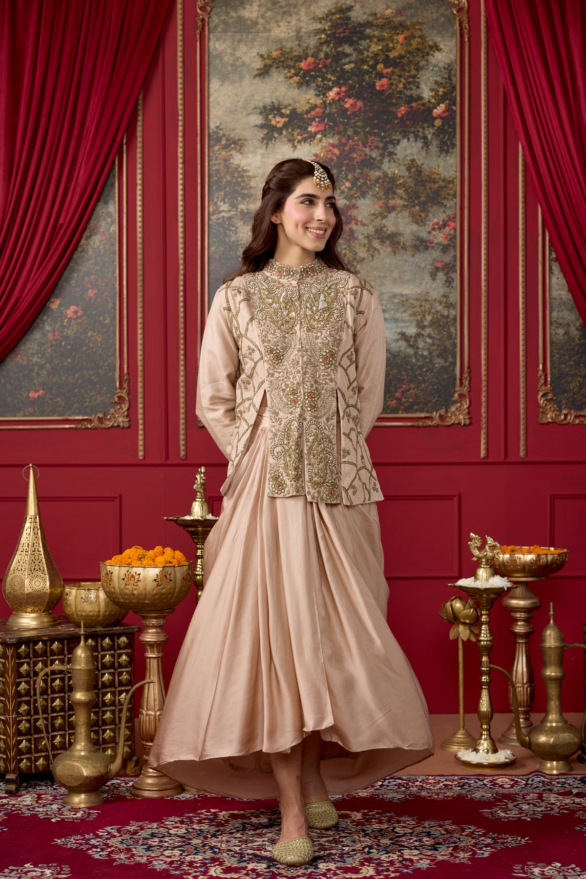 Blush Champagne Embellished Raw Silk Skirt Set