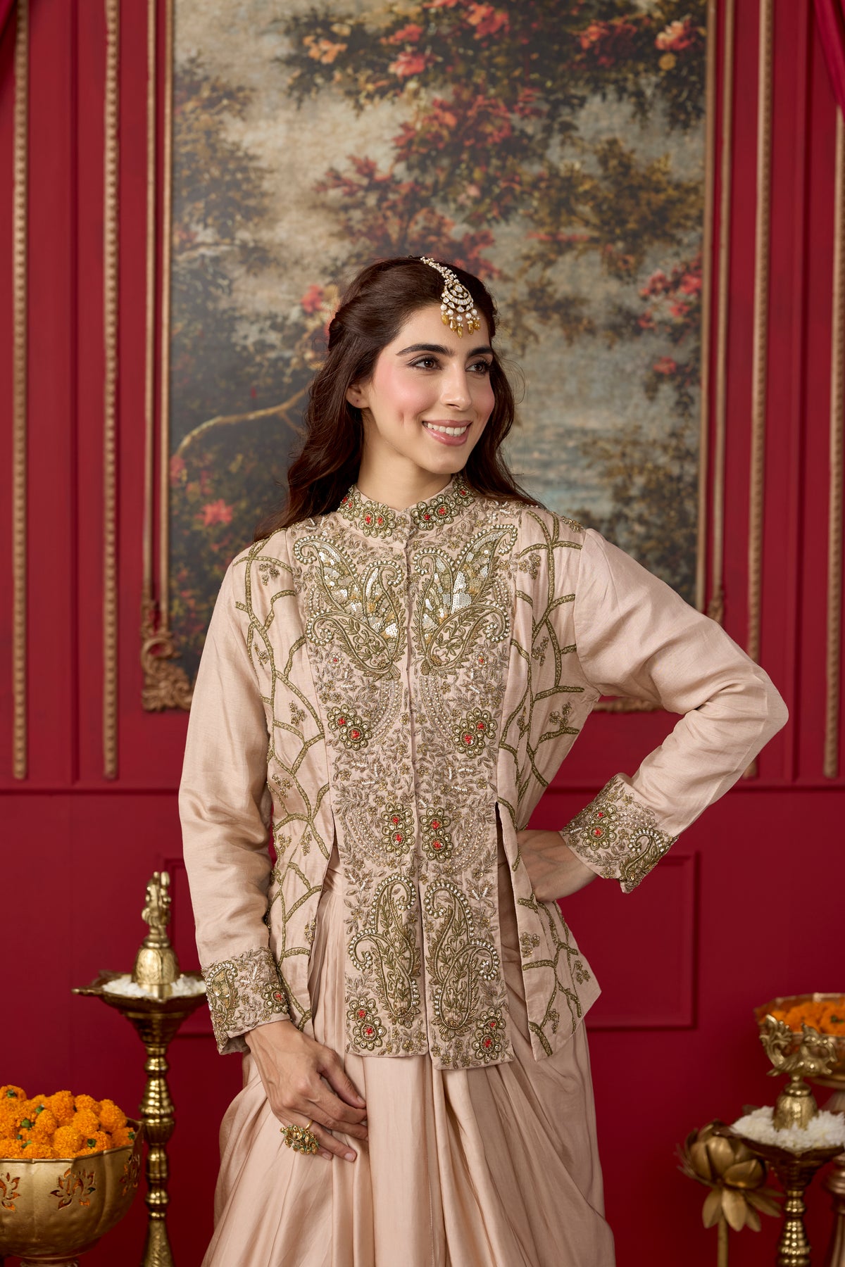 Blush Champagne Embellished Raw Silk Skirt Set