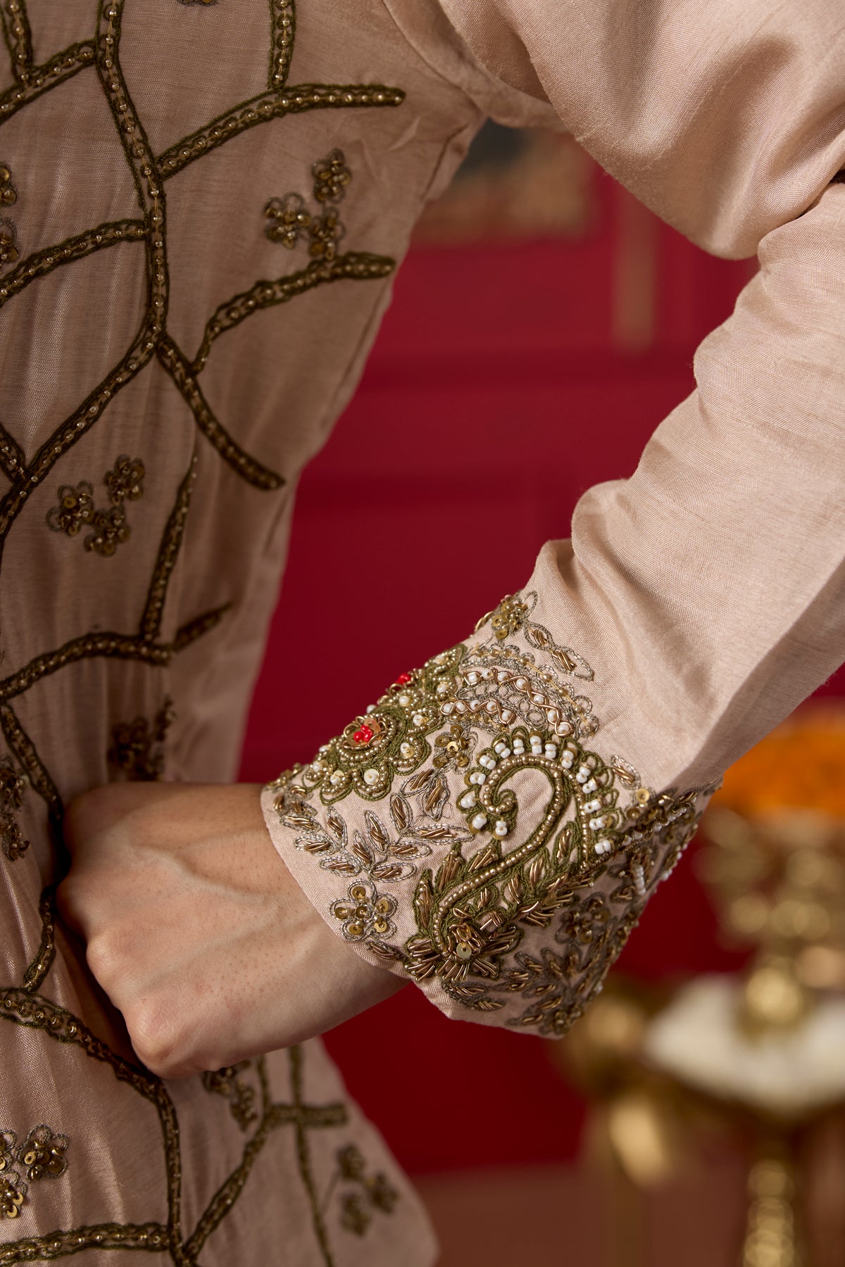 Blush Champagne Embellished Raw Silk Skirt Set