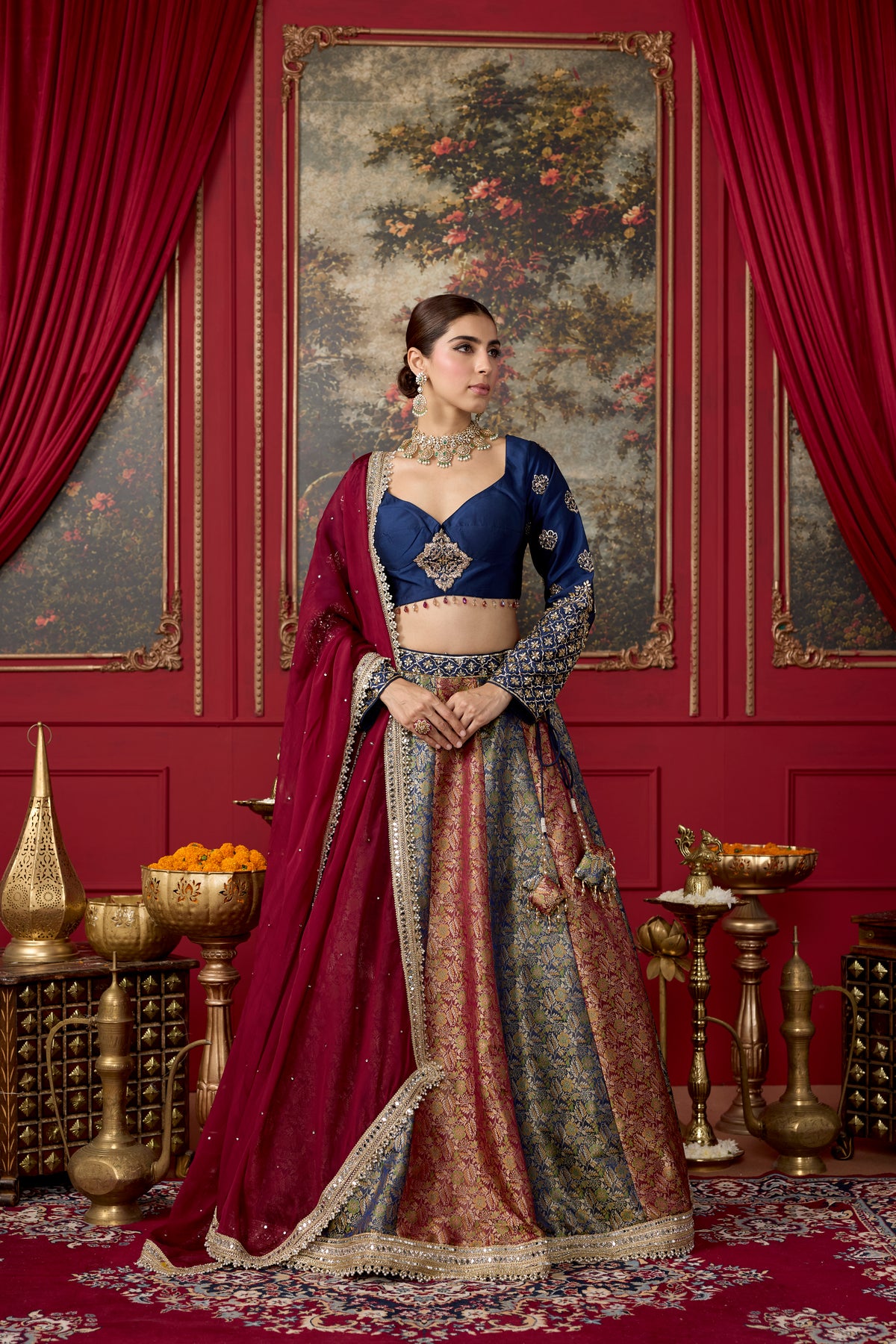 Navy Maroon Embellished Banarasi Brocade Silk Lehenga Set
