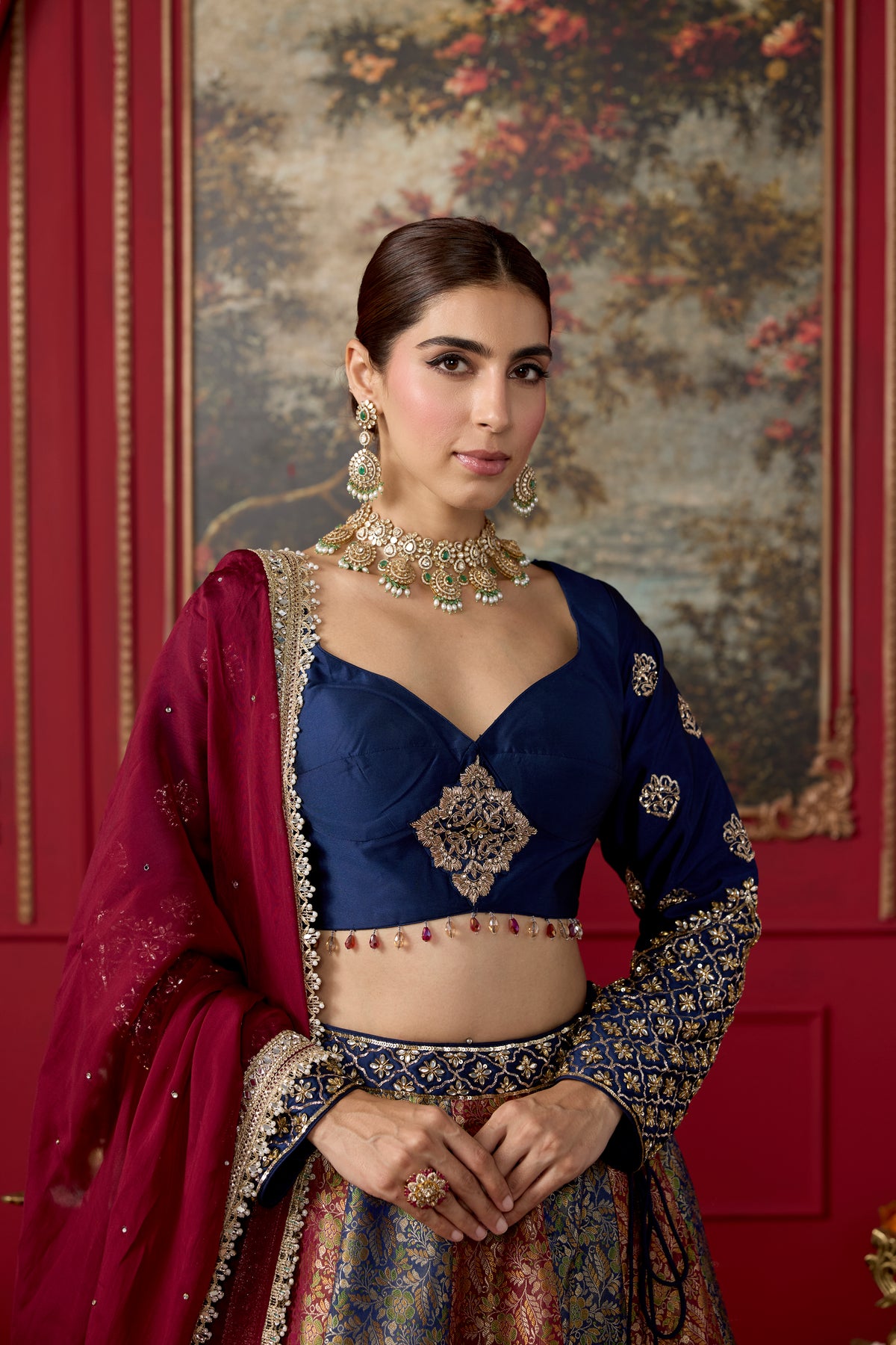 Navy Maroon Embellished Banarasi Brocade Silk Lehenga Set