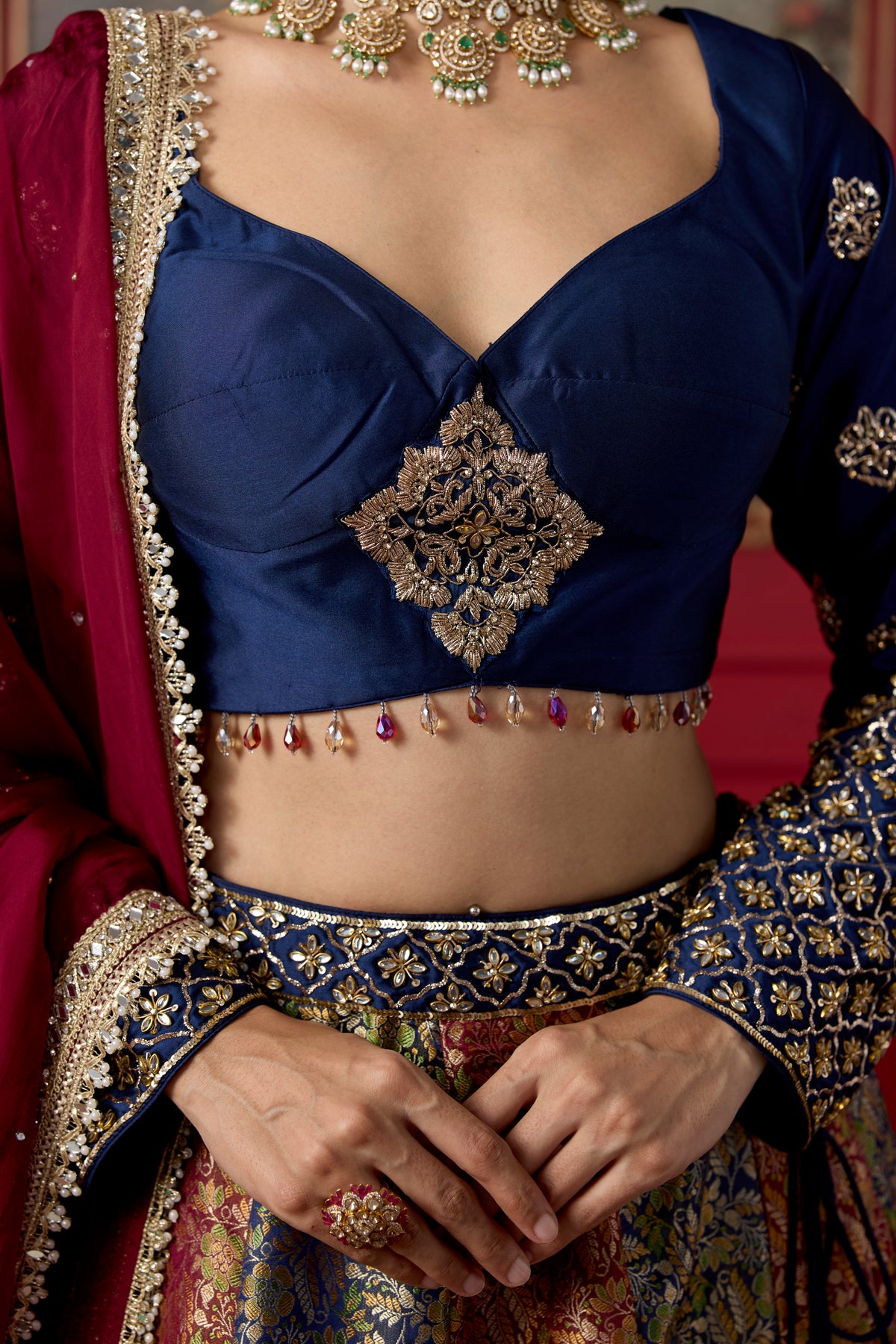 Navy Maroon Embellished Banarasi Brocade Silk Lehenga Set