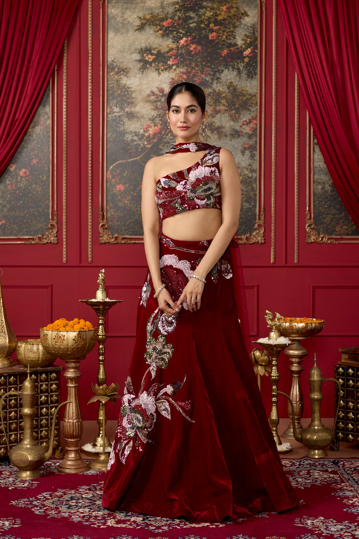 Deep Maroon Embellished Velvet Lehenga Set